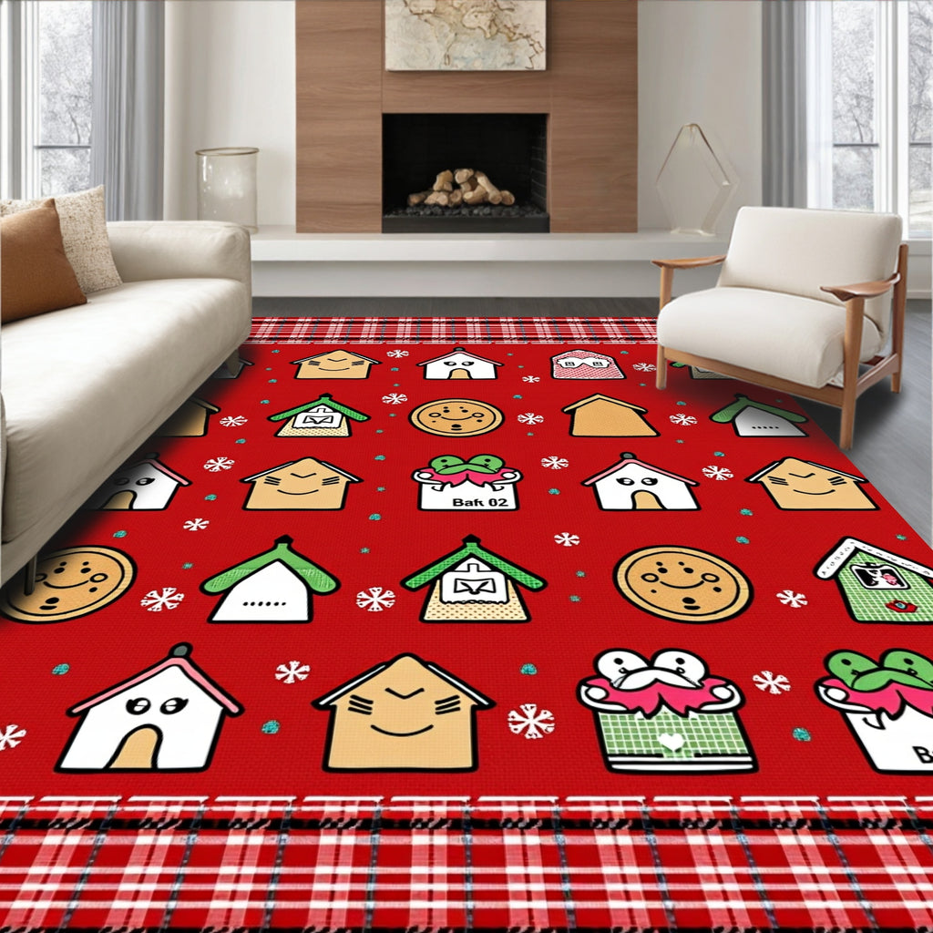 Cute Red Houses Snowflake Collage Rug