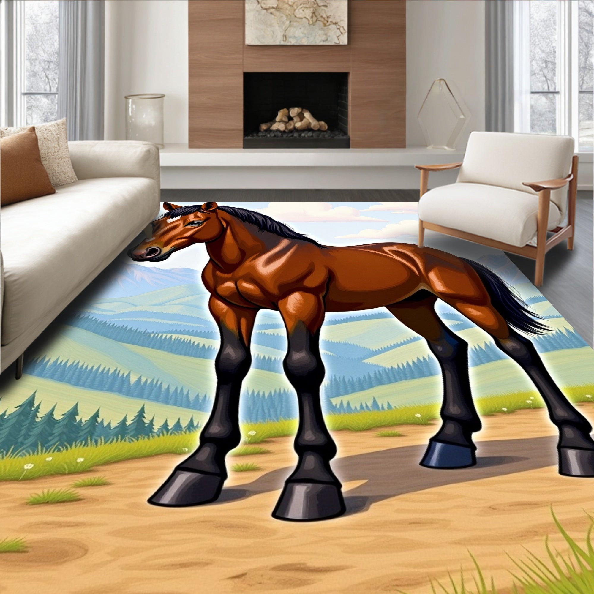 Majestic Brown Horse Meadow Landscape Rug