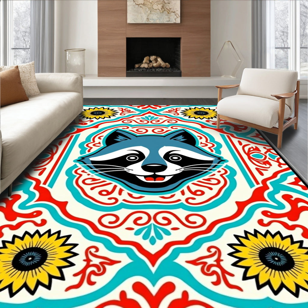 Cute Raccoon Floral Medallion Rug