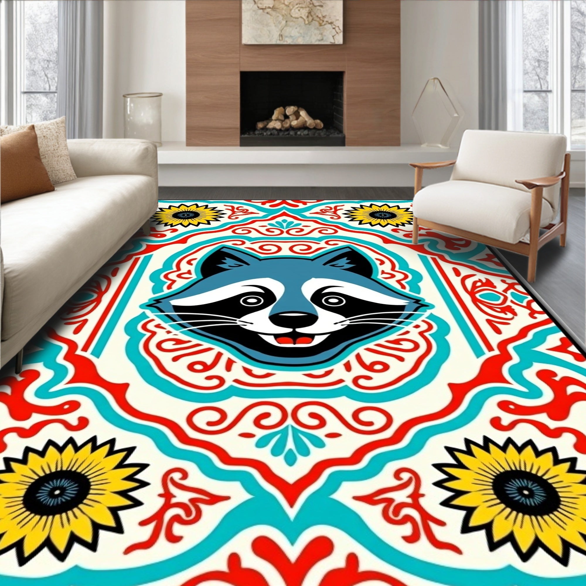Cute Raccoon Floral Medallion Rug