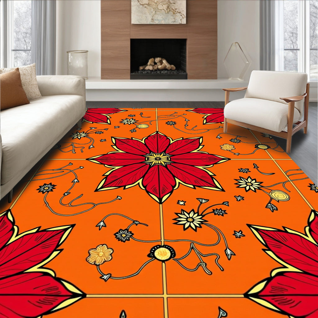 Vibrant Red Golden Floral Medallion Rug