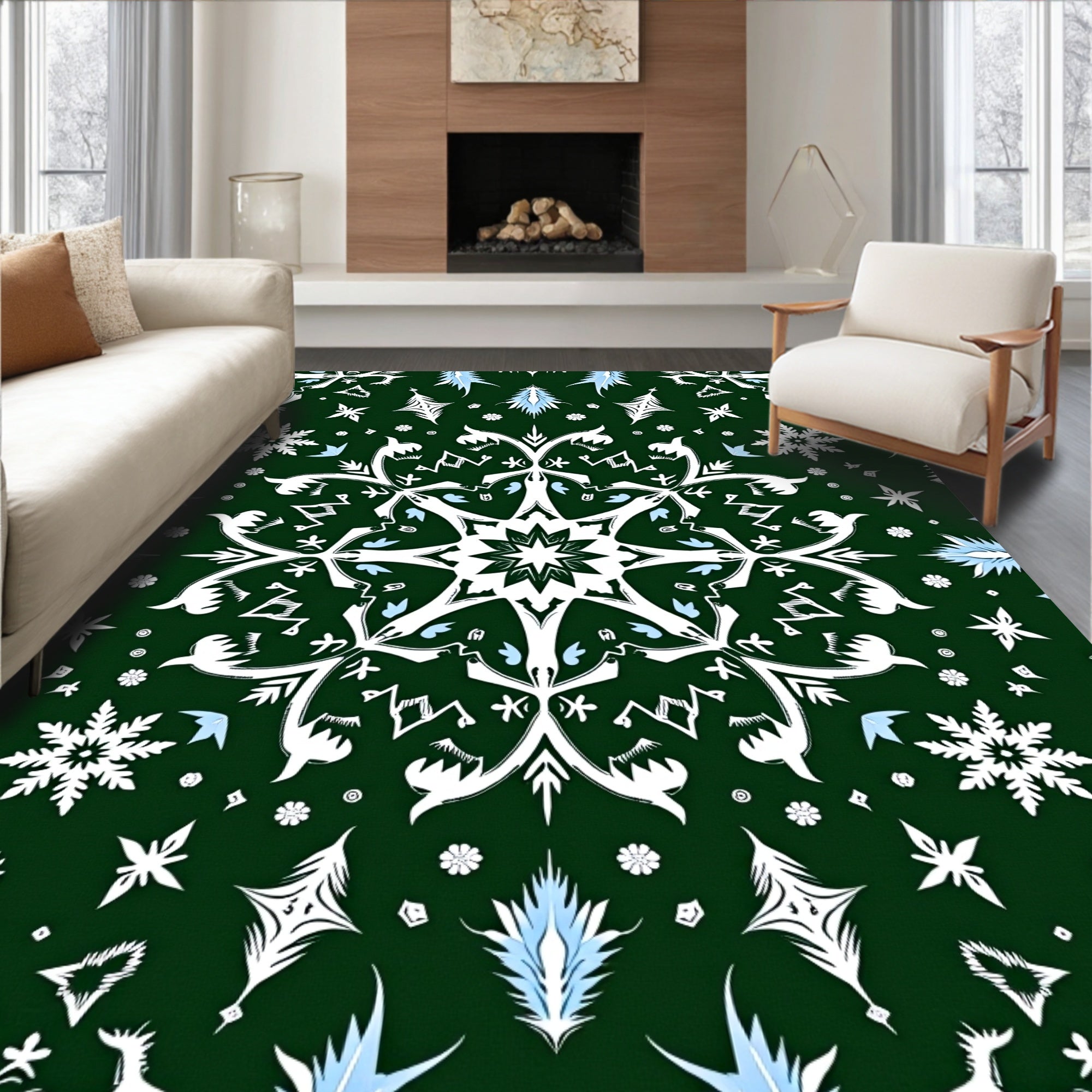 Green Winter Snowflake Mandala Rug