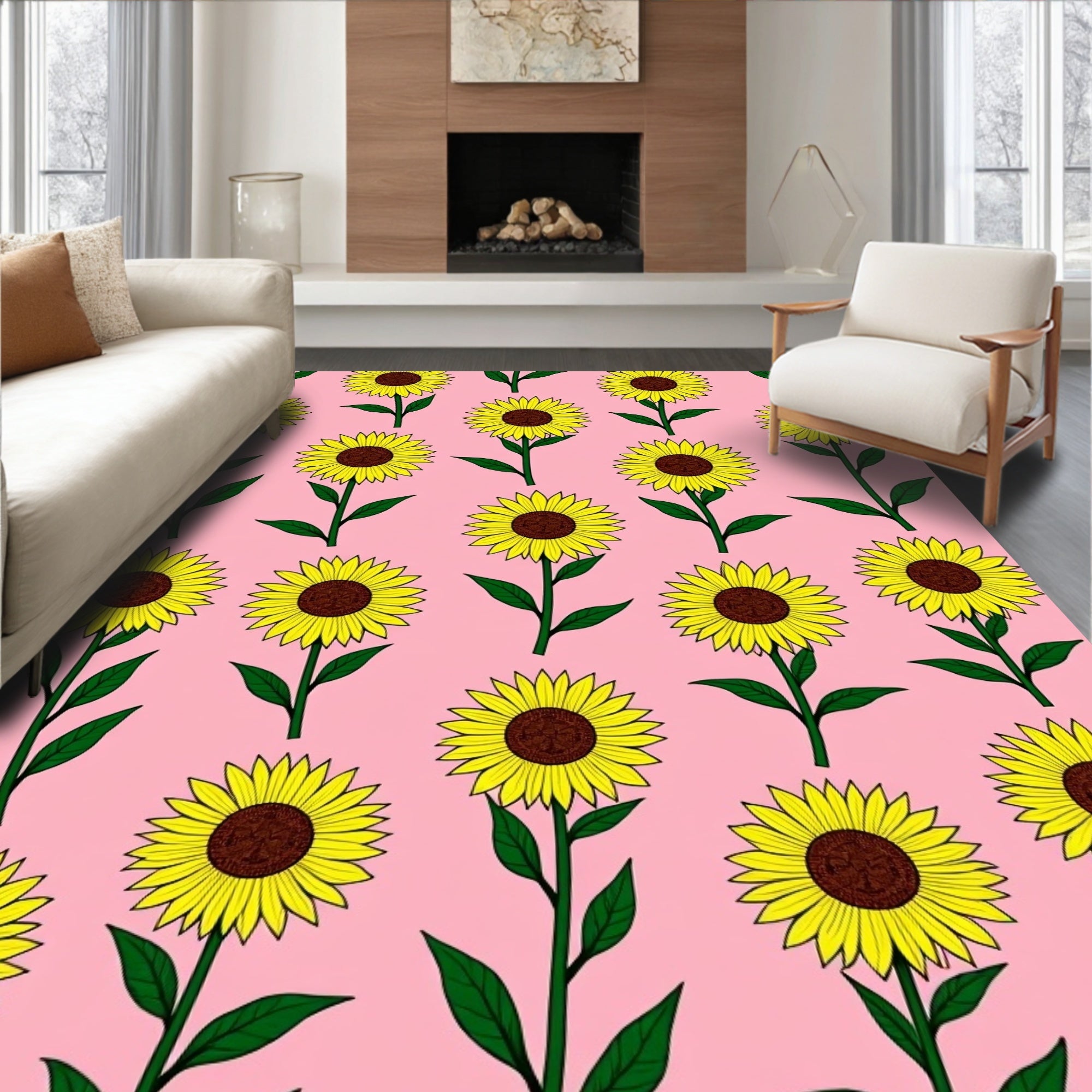 Bright Yellow Sunflower Pink Background Rug