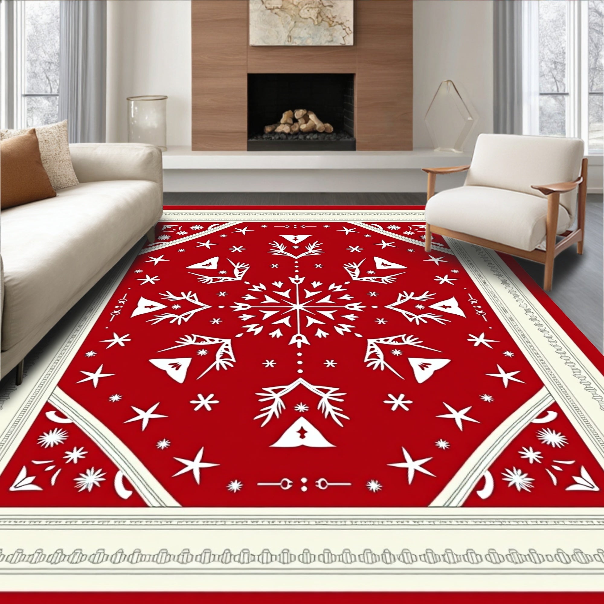 Festive Red White Snowflake Medallion Rug