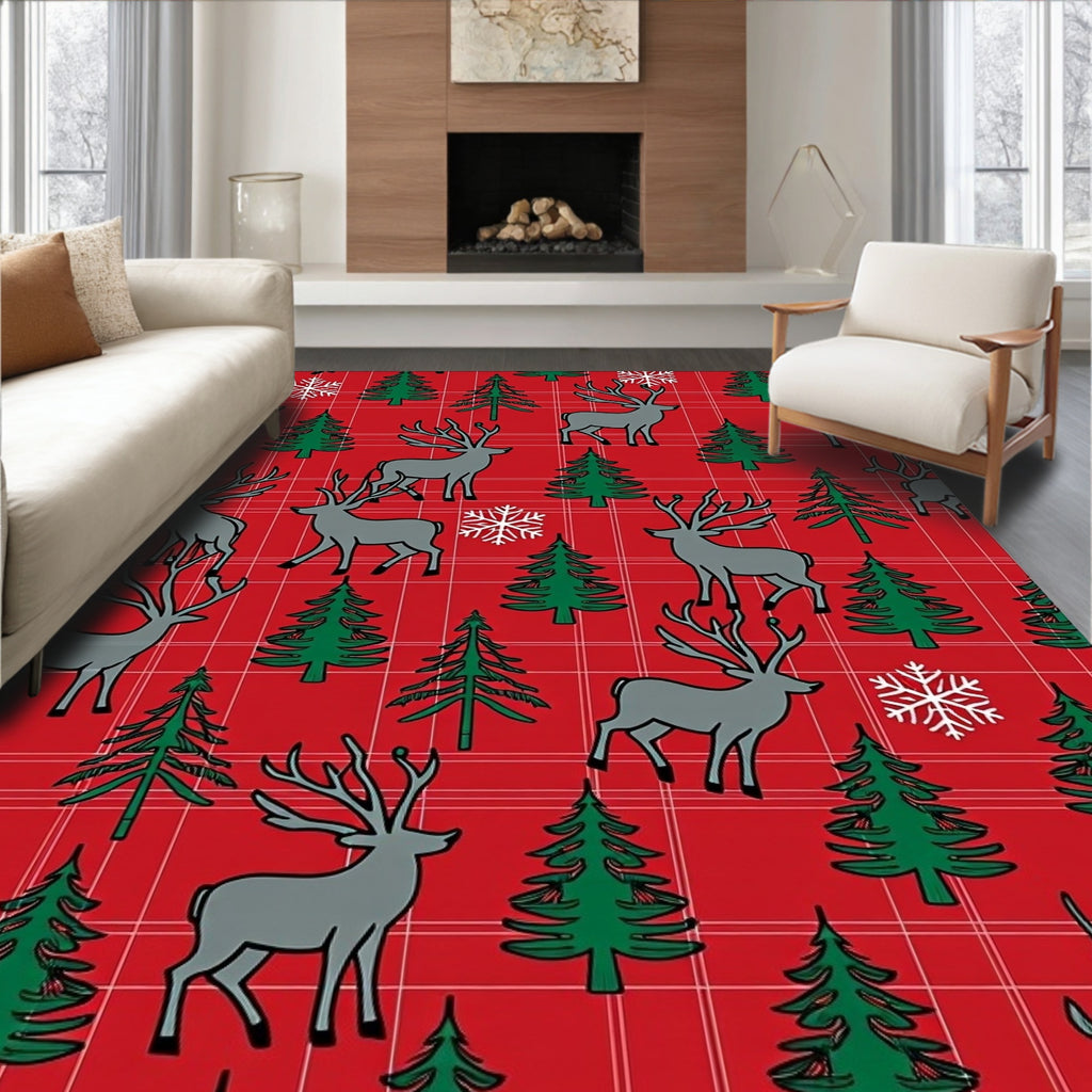 Red Plaid Reindeer Snowflake Forest Rug