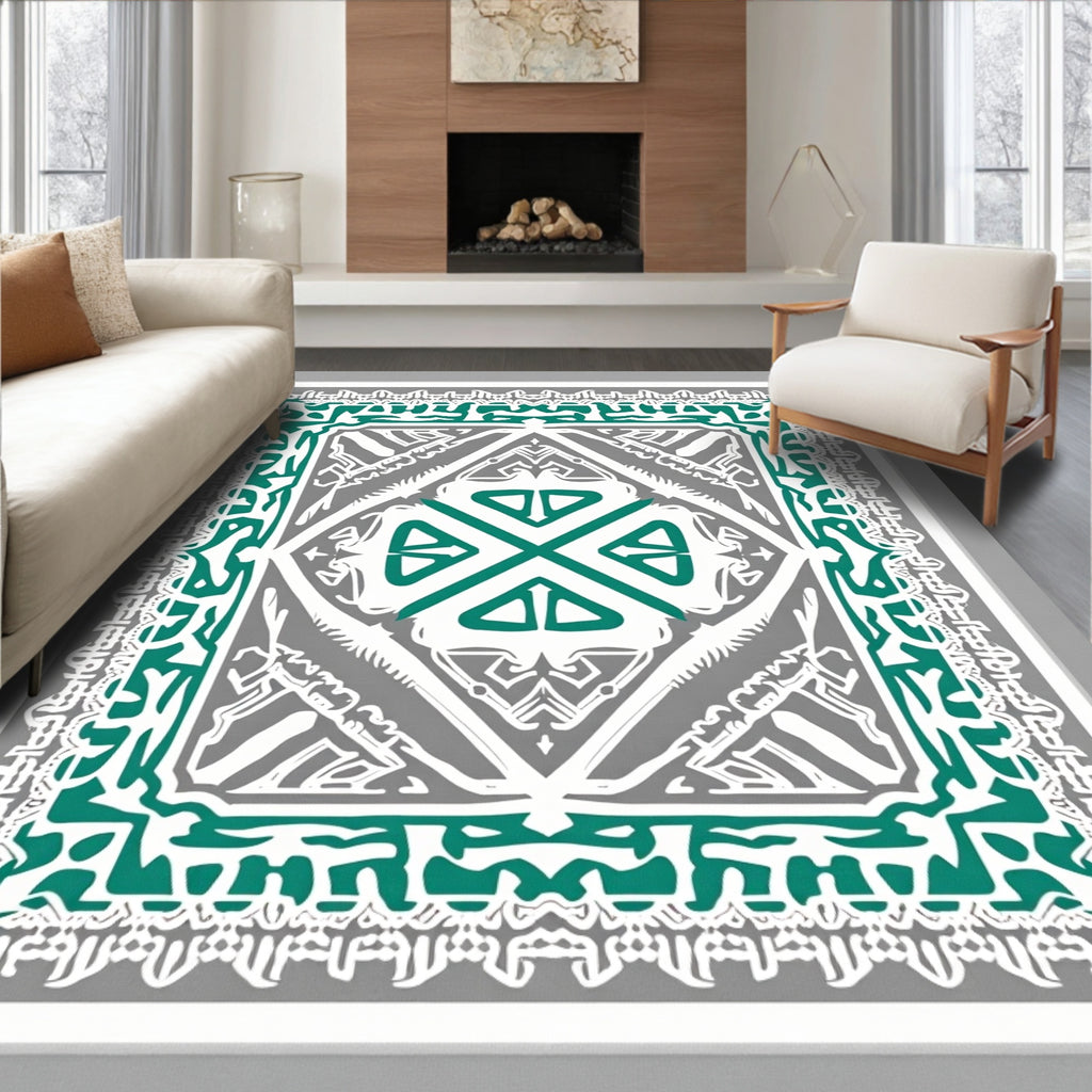 Emerald Teal Abstract Square Medallion Rug