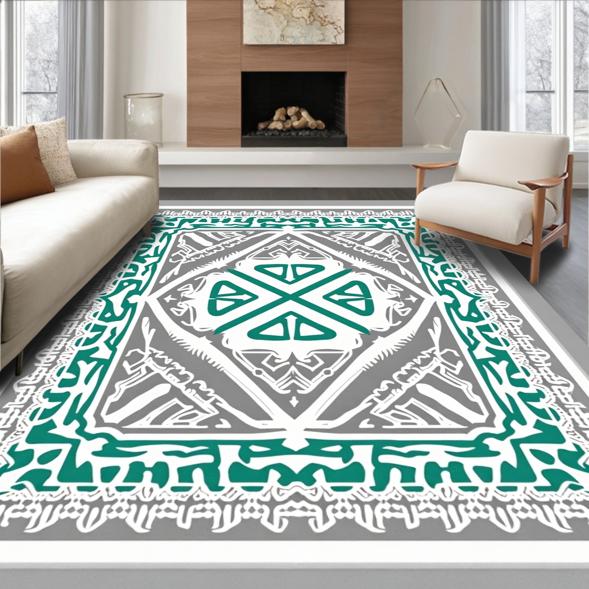 Emerald Teal Abstract Square Medallion Rug