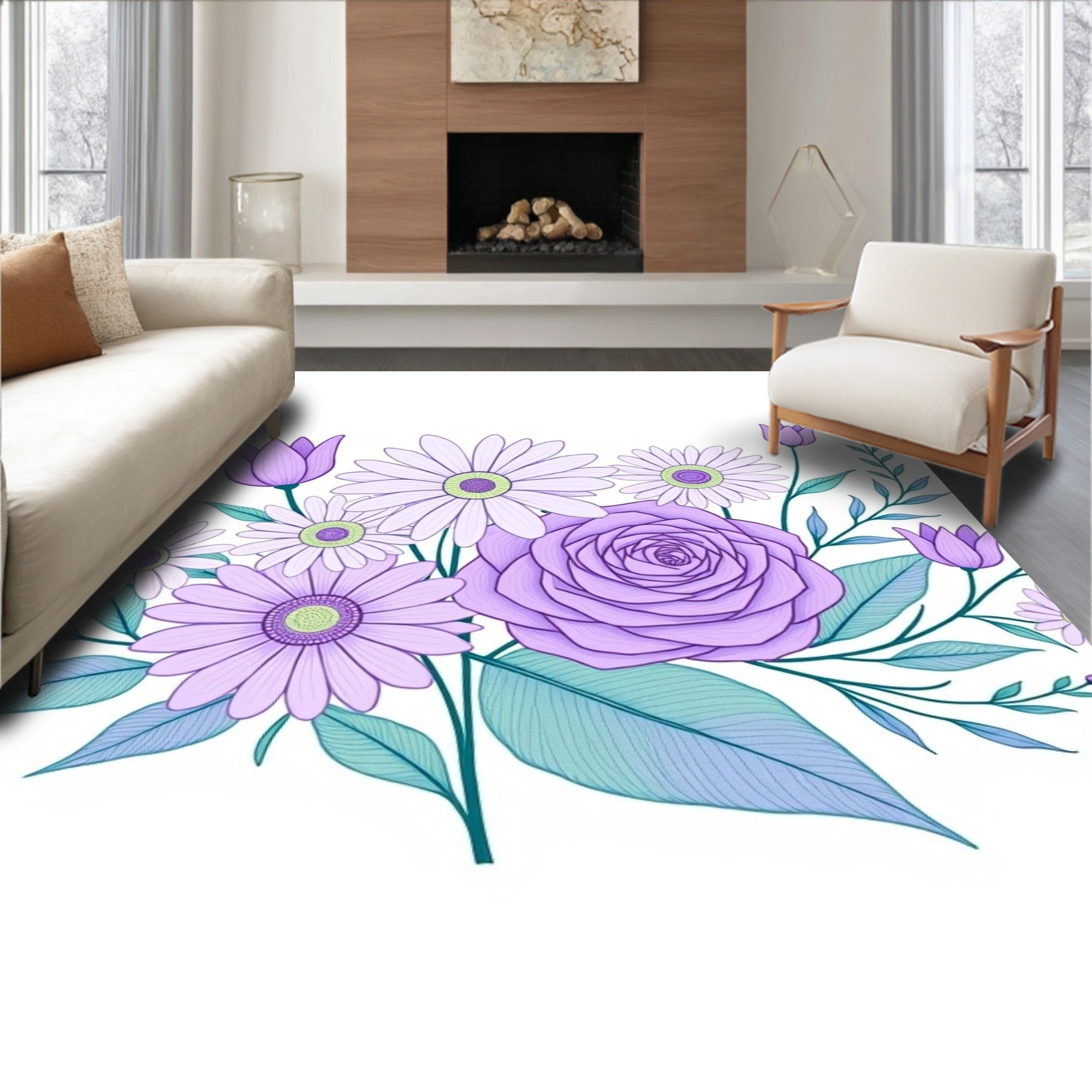 Lavender Daisy Rose Bouquet Meadow Rug