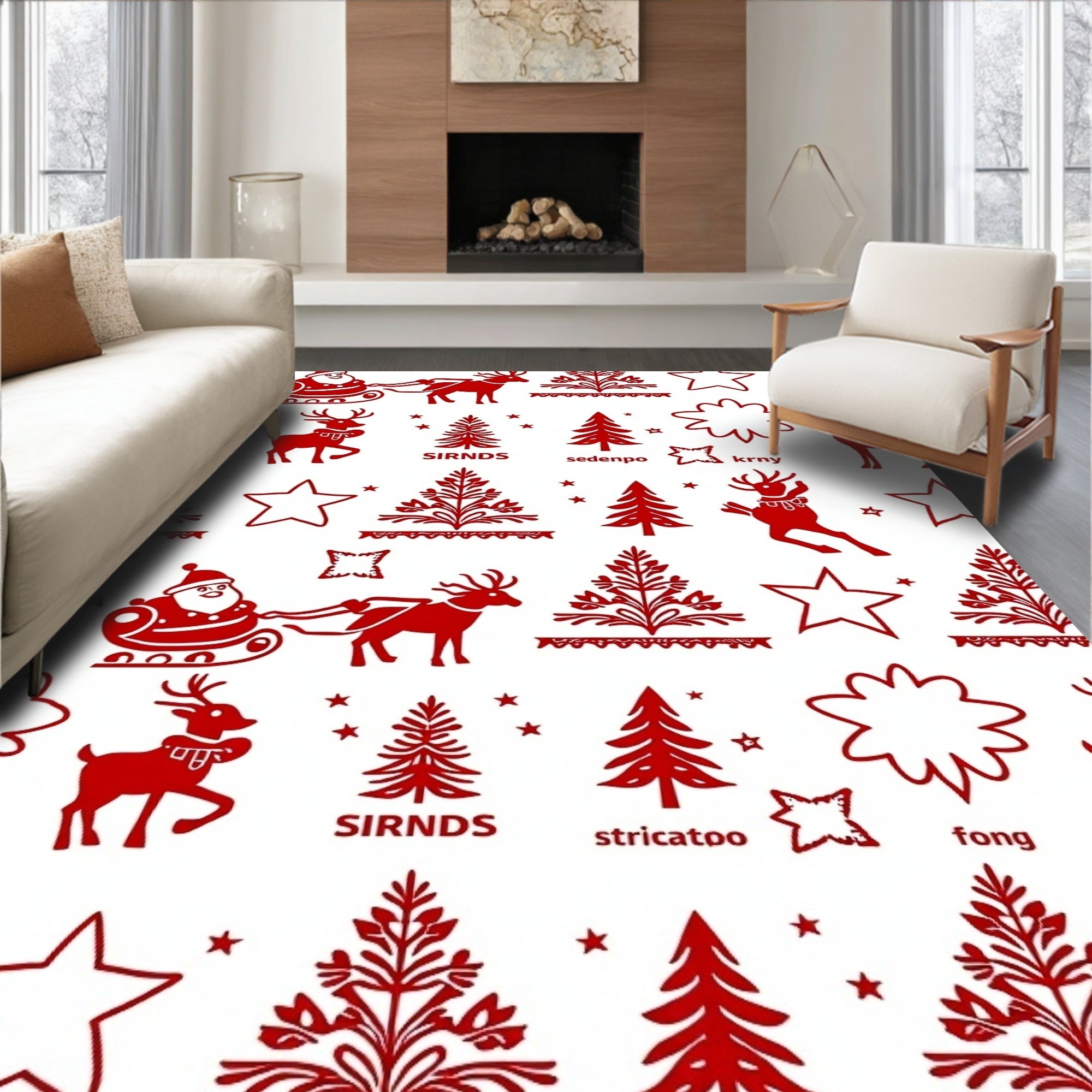 Red Festive Christmas Characters Stars Rug