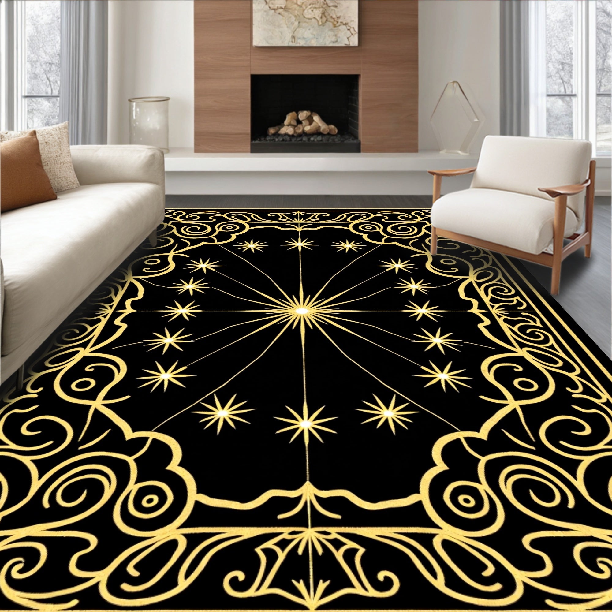 Golden Stars Black Celestial Rug
