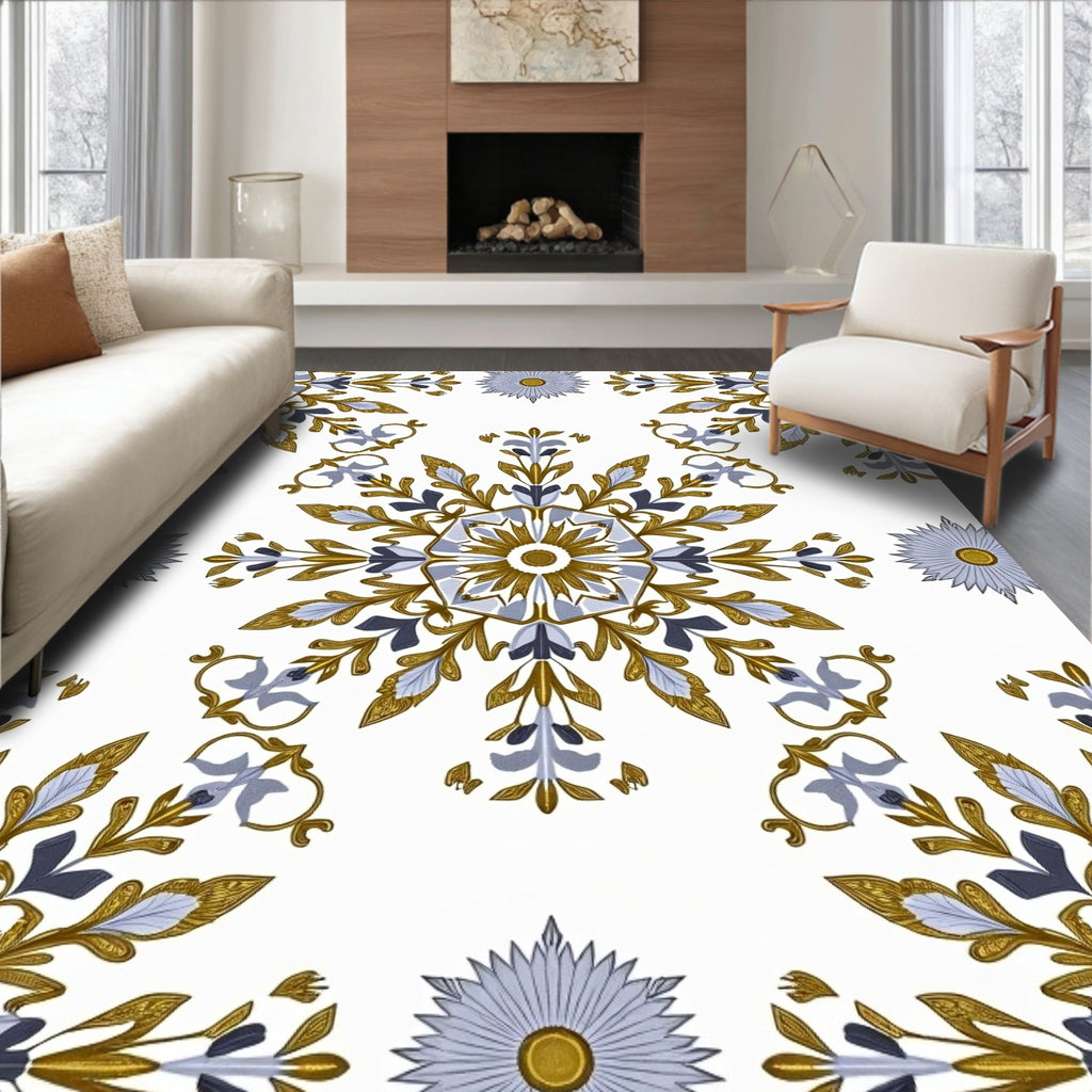 Gold Blue Floral Medallion Symmetry Rug
