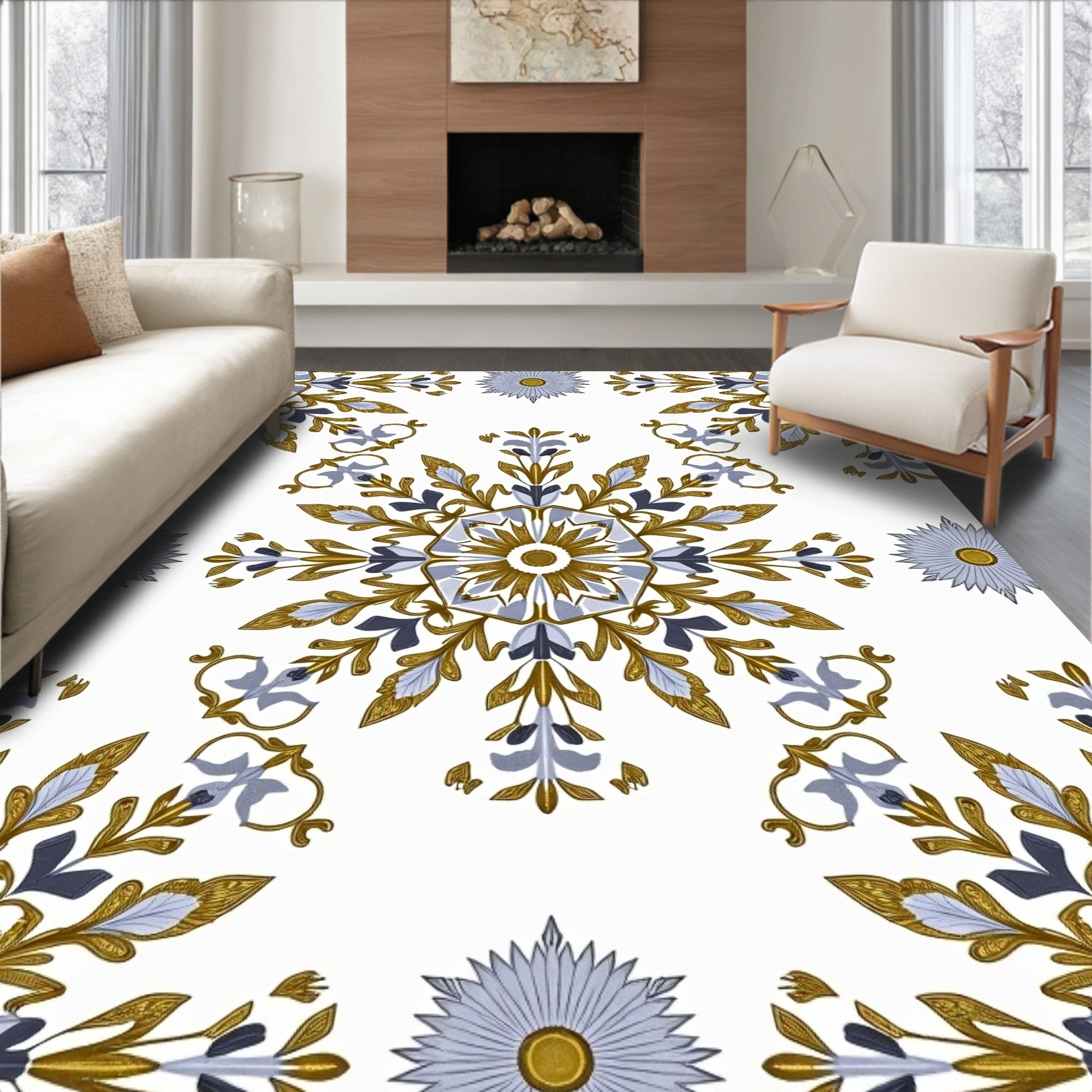 Gold Blue Floral Medallion Symmetry Rug