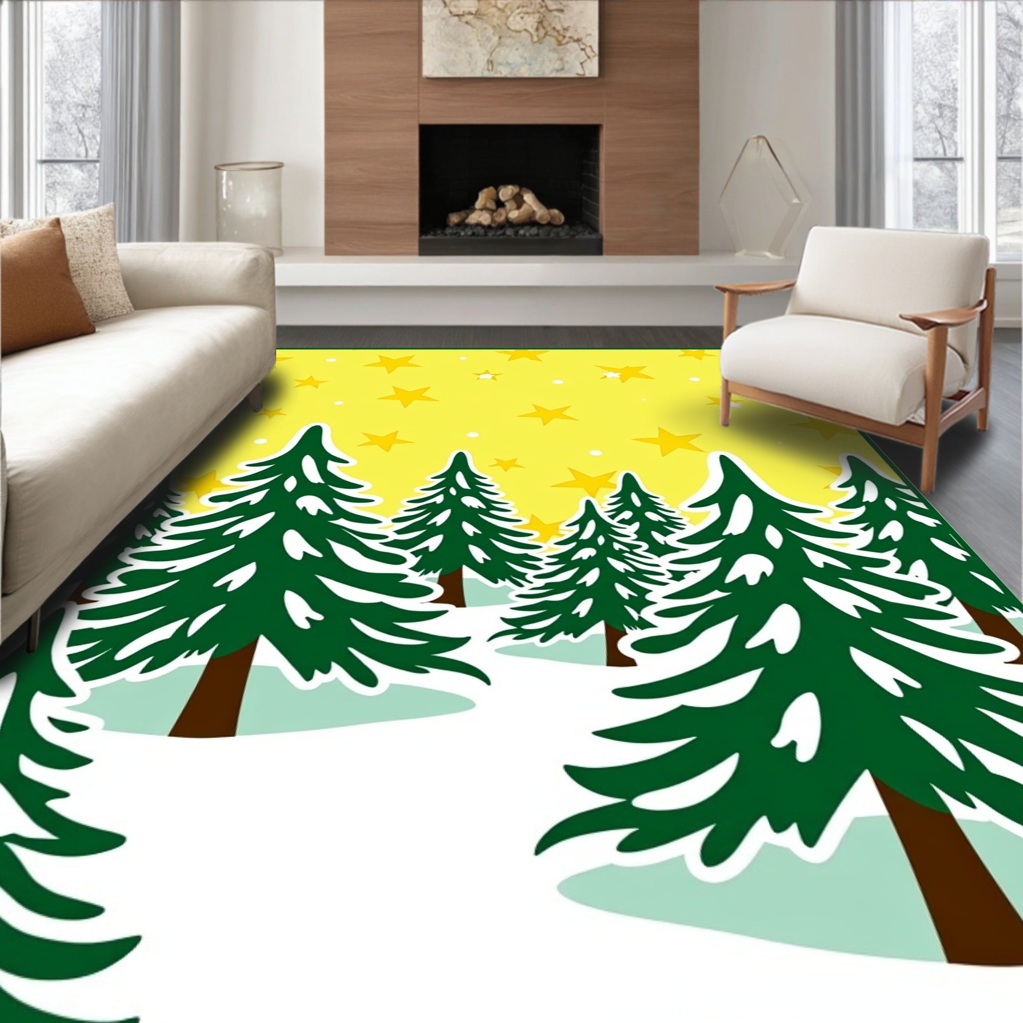 Yellow Starry Night Forest Scene Rug