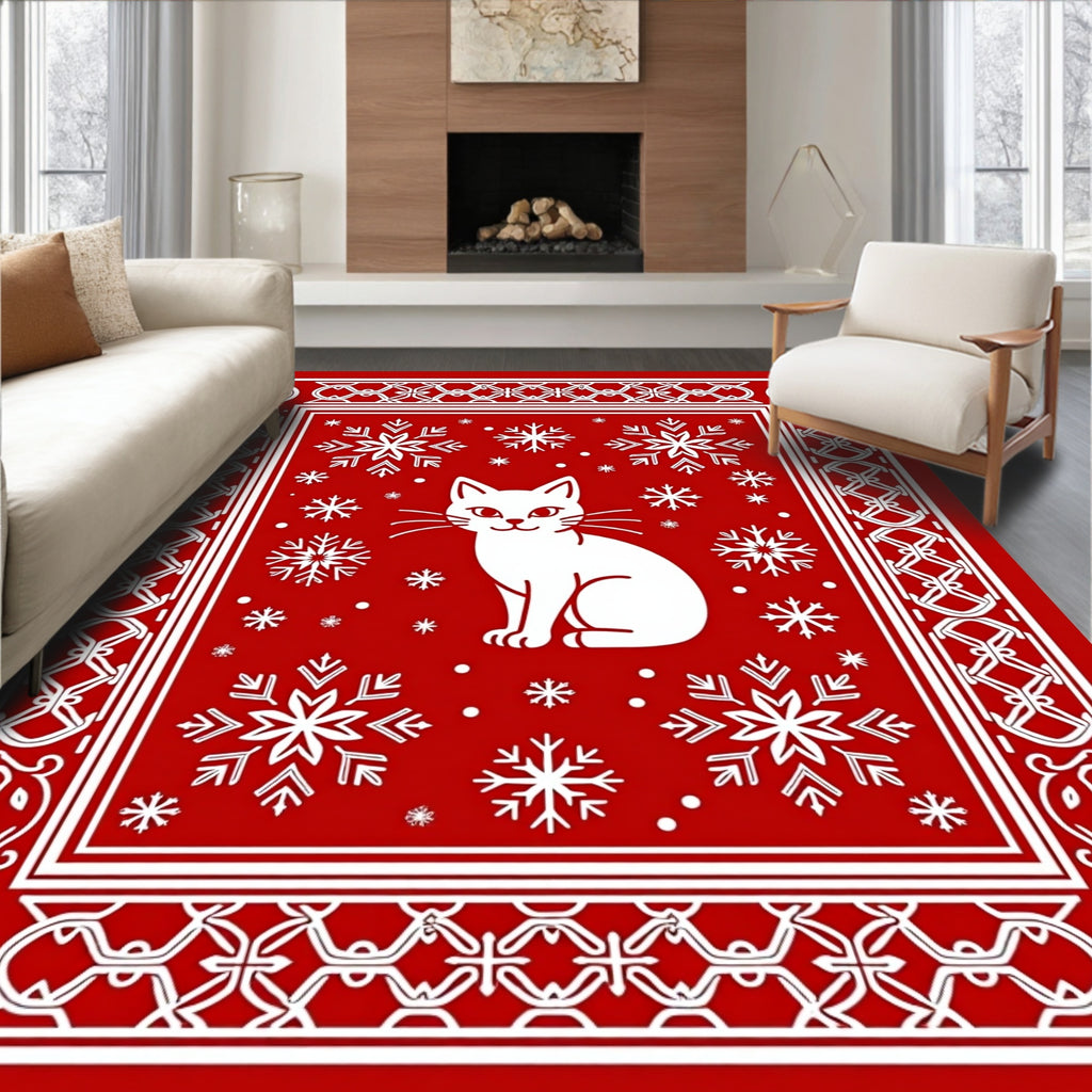 Whimsical White Cat Snowflake Border Rug