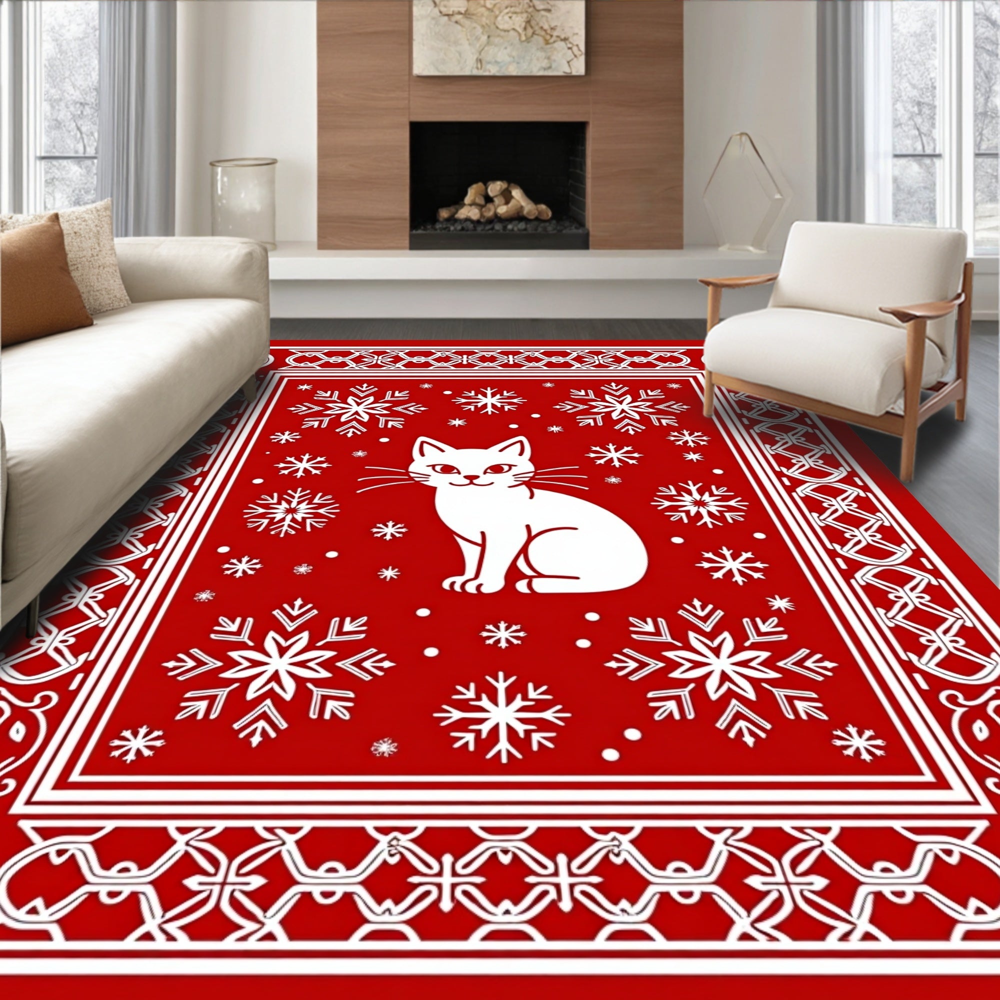 Whimsical White Cat Snowflake Border Rug