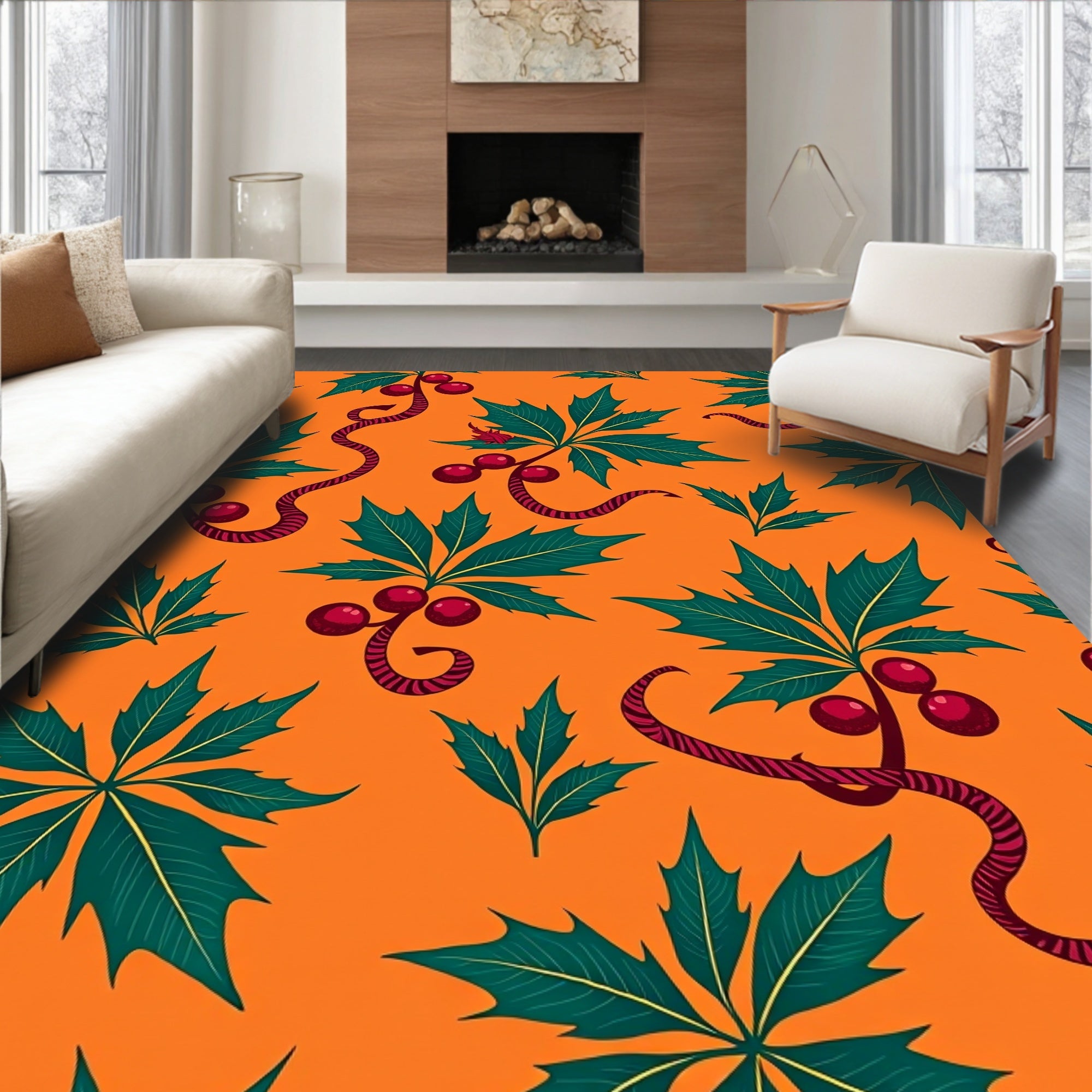 Orange Berry Leaf Twirl Rug