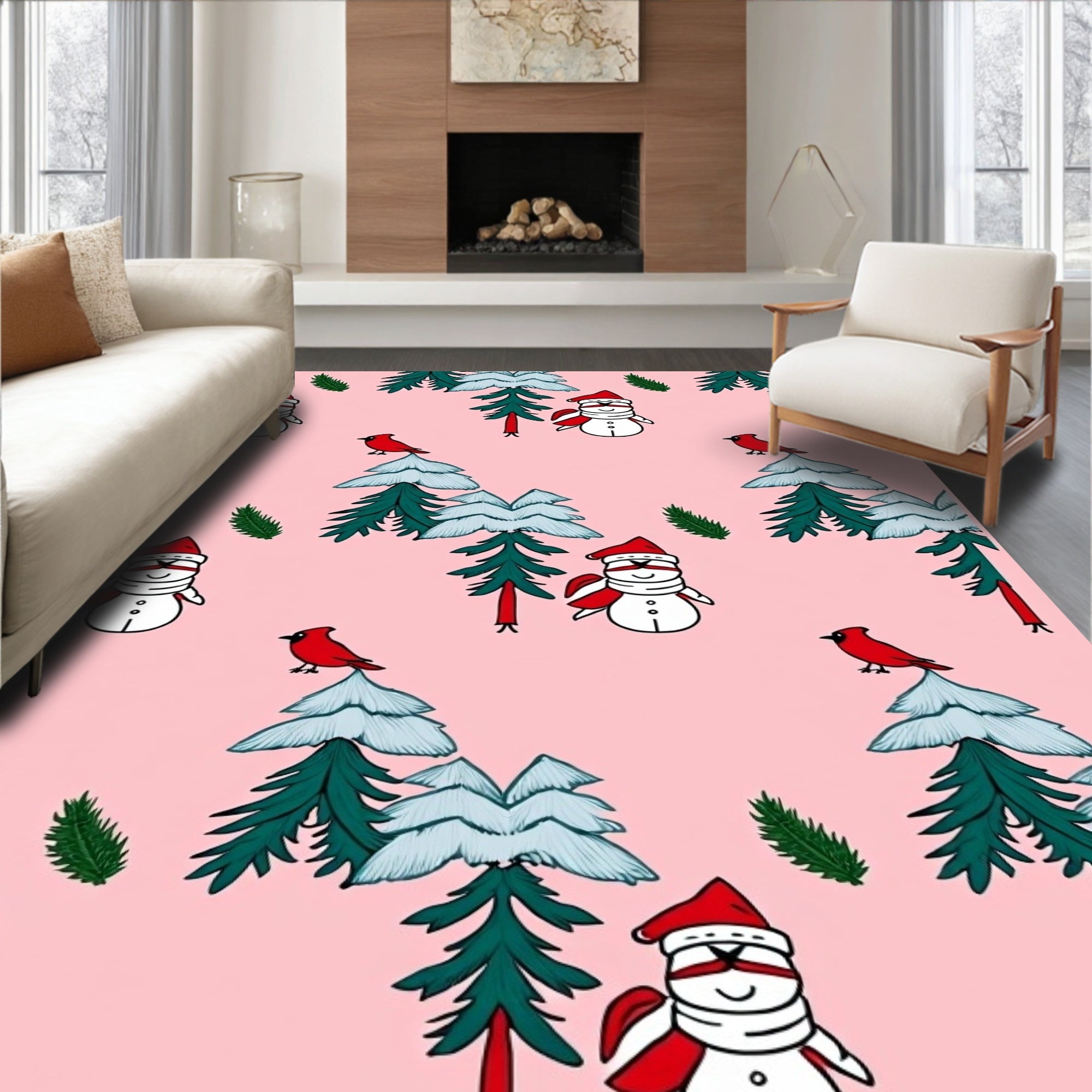 Pink Snowman Cardinal Winter Forest Rug