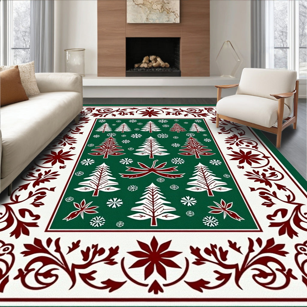 Festive Green Red Pine Wreath Rug