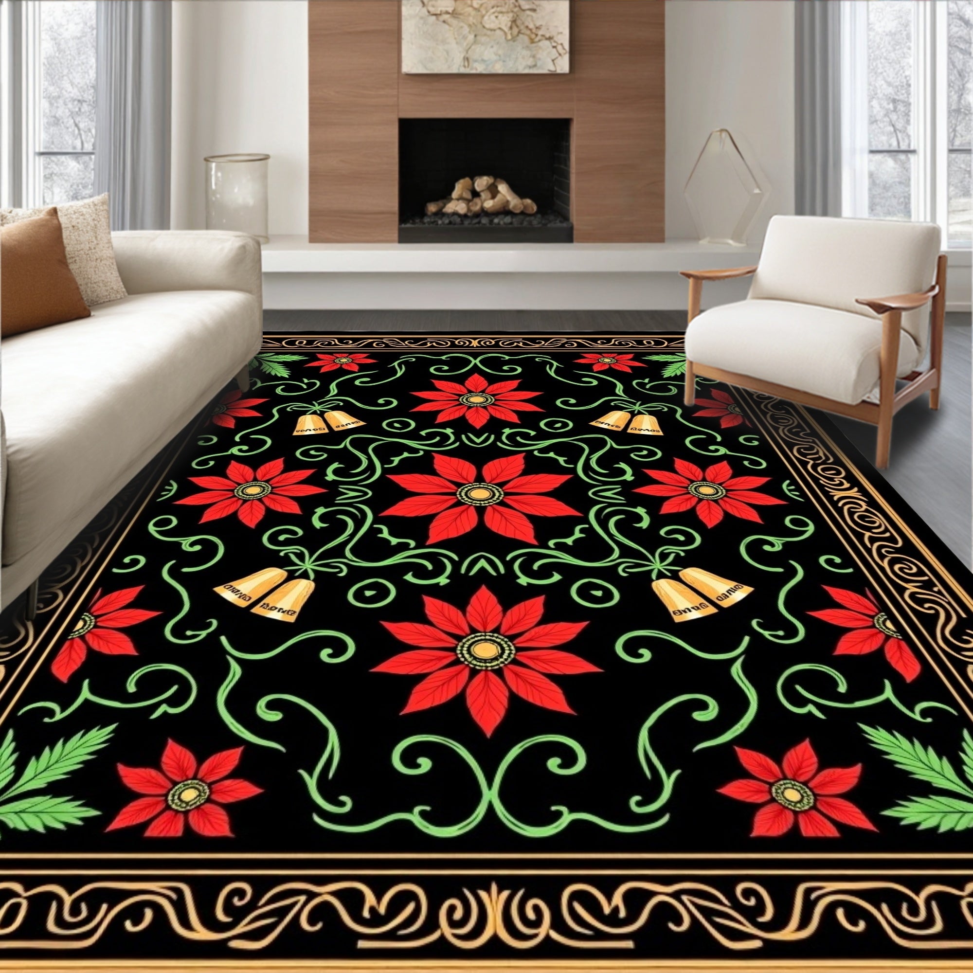 Red Flower Black Gold Bell Garland Rug