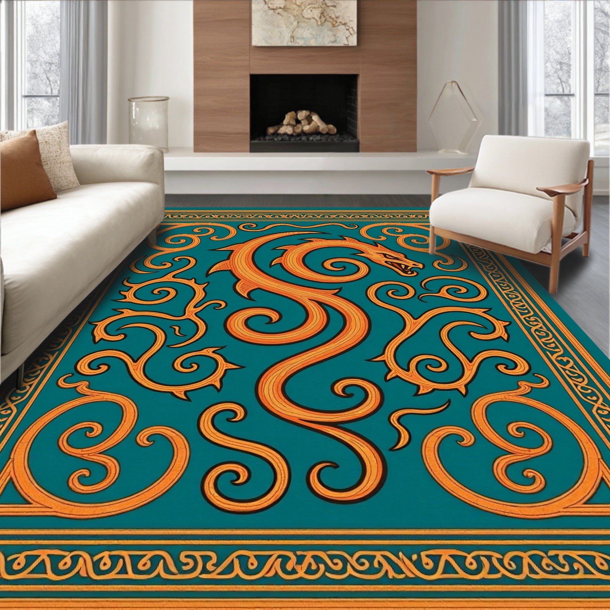 Orange Dragon Swirls Teal Border Rug