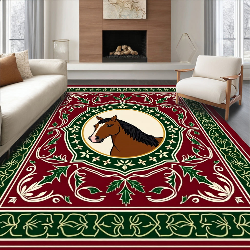 Vintage Red Horse Emblem Scrollwork Rug