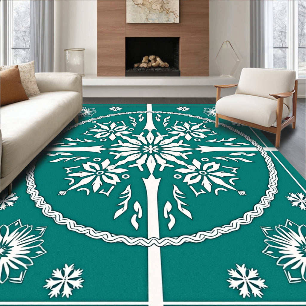Teal White Snowflake Mandala Medallion Rug