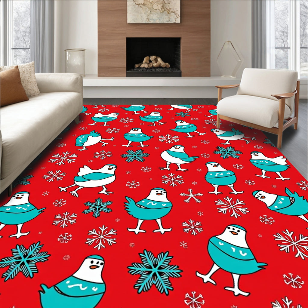 Red background blue white birds snowflakes Rug
