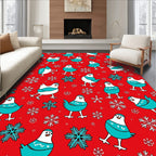 Red background blue white birds snowflakes Rug