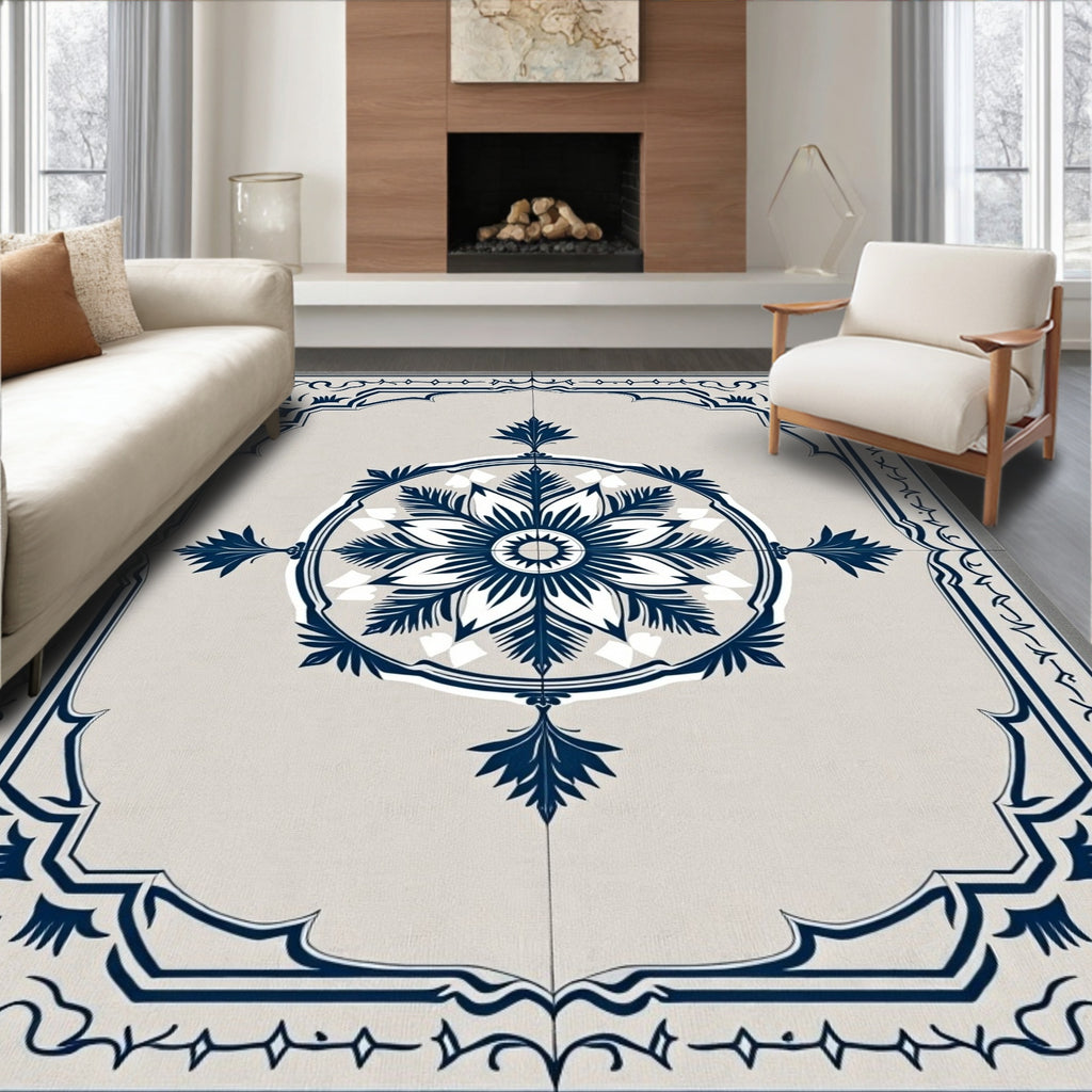 Navy Blue Floral Medallion Beige Rug