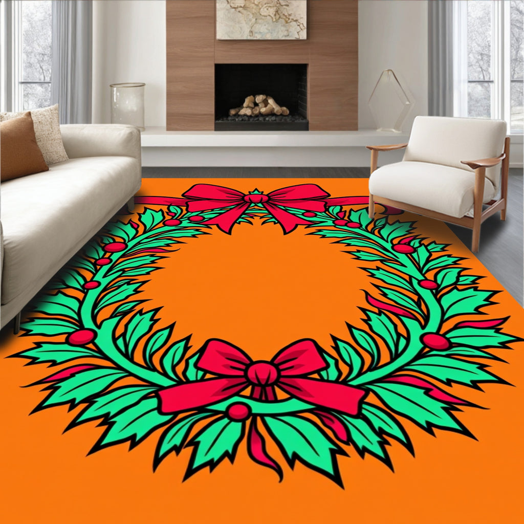 Green Holly Wreath Red Bows Rug