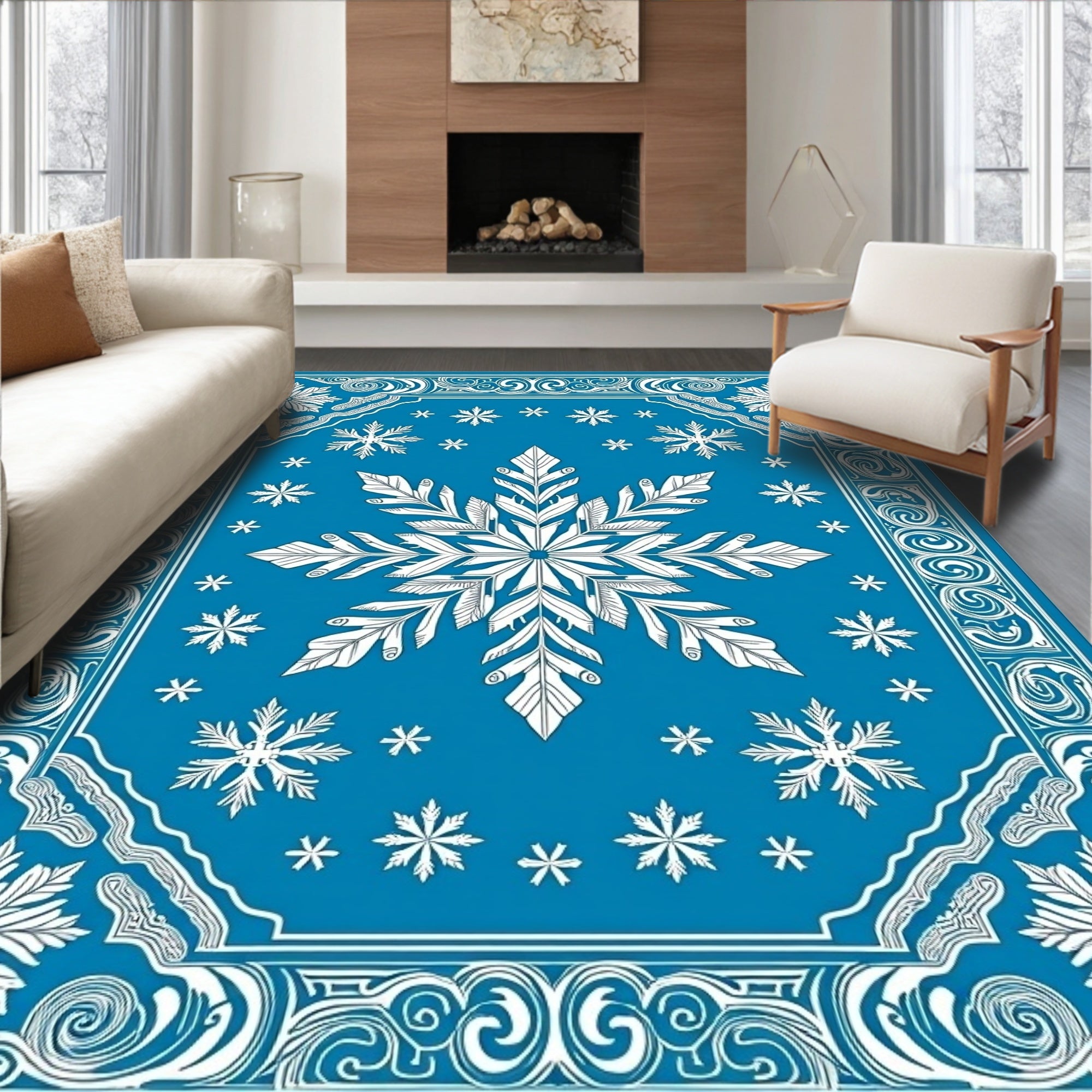 Vivid Blue Snowflake Winter Forest Rug