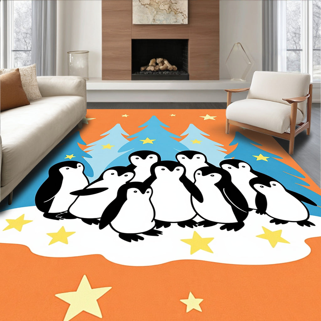 Whimsical Penguin Family Winter Forest Rug