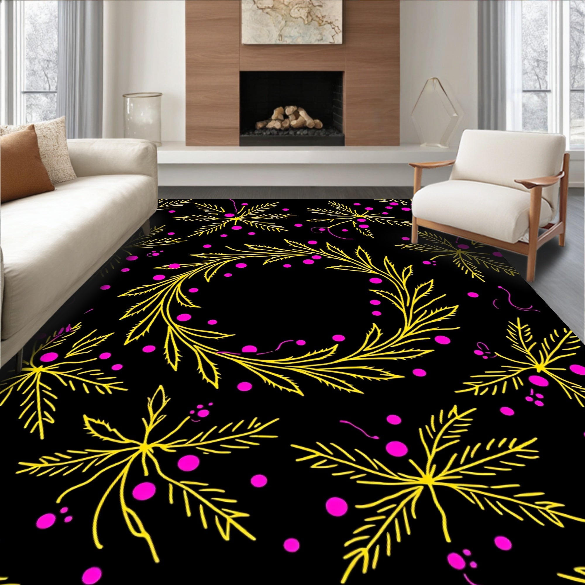 Yellow Leafy Branches Pink Dots Rundel Rug