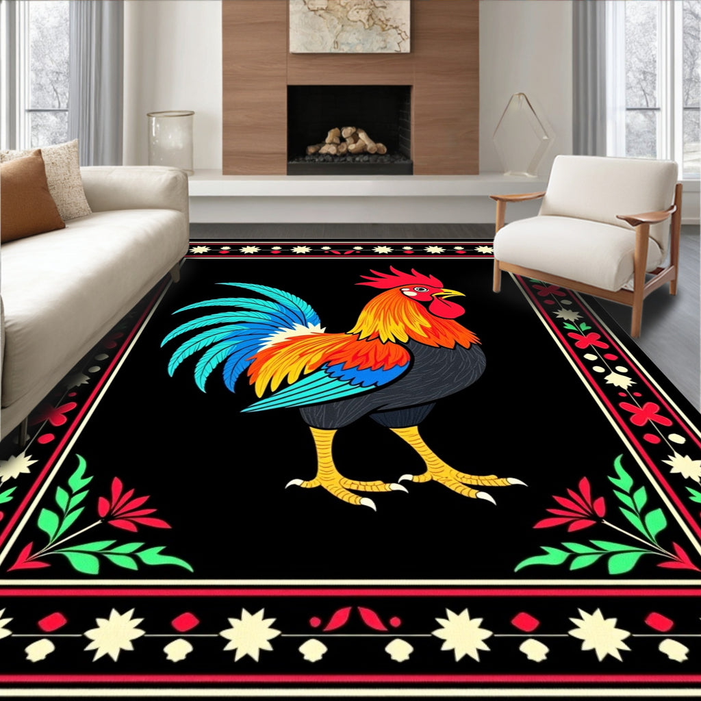 Vibrant Rooster Floral Border Rug
