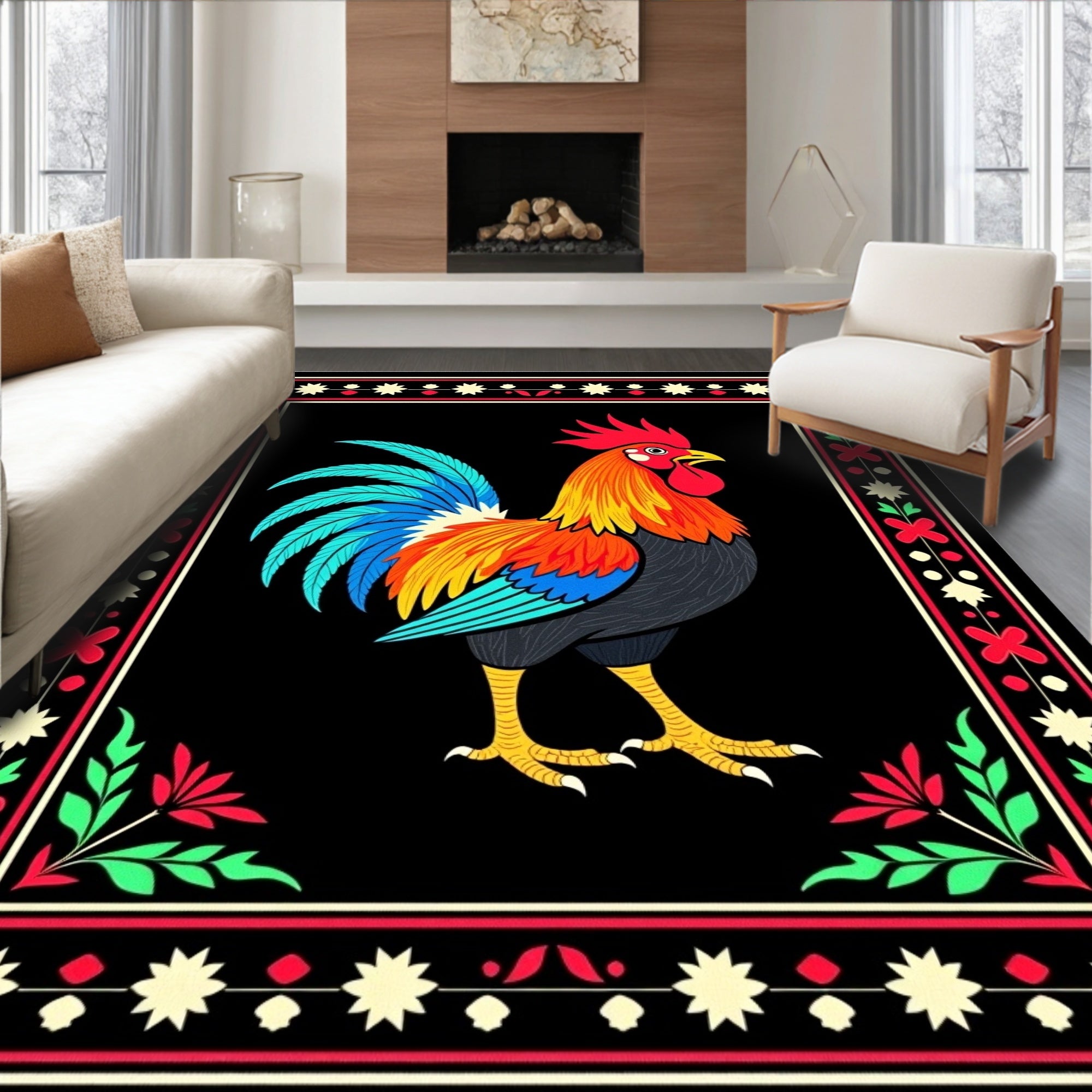 Vibrant Rooster Floral Border Rug