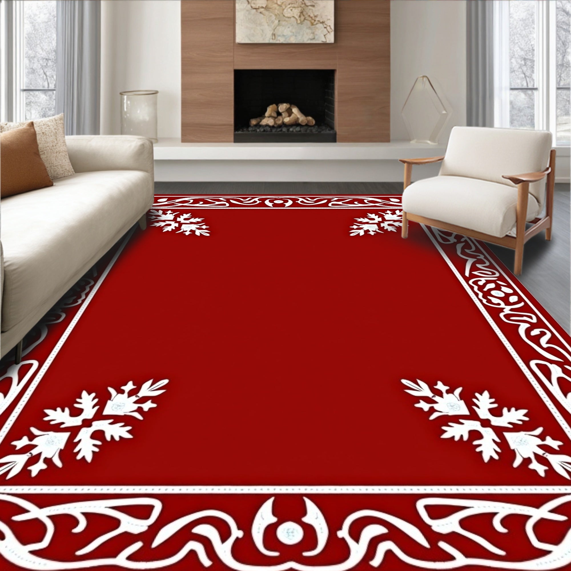 Crimson White Floral Scroll Border Rug