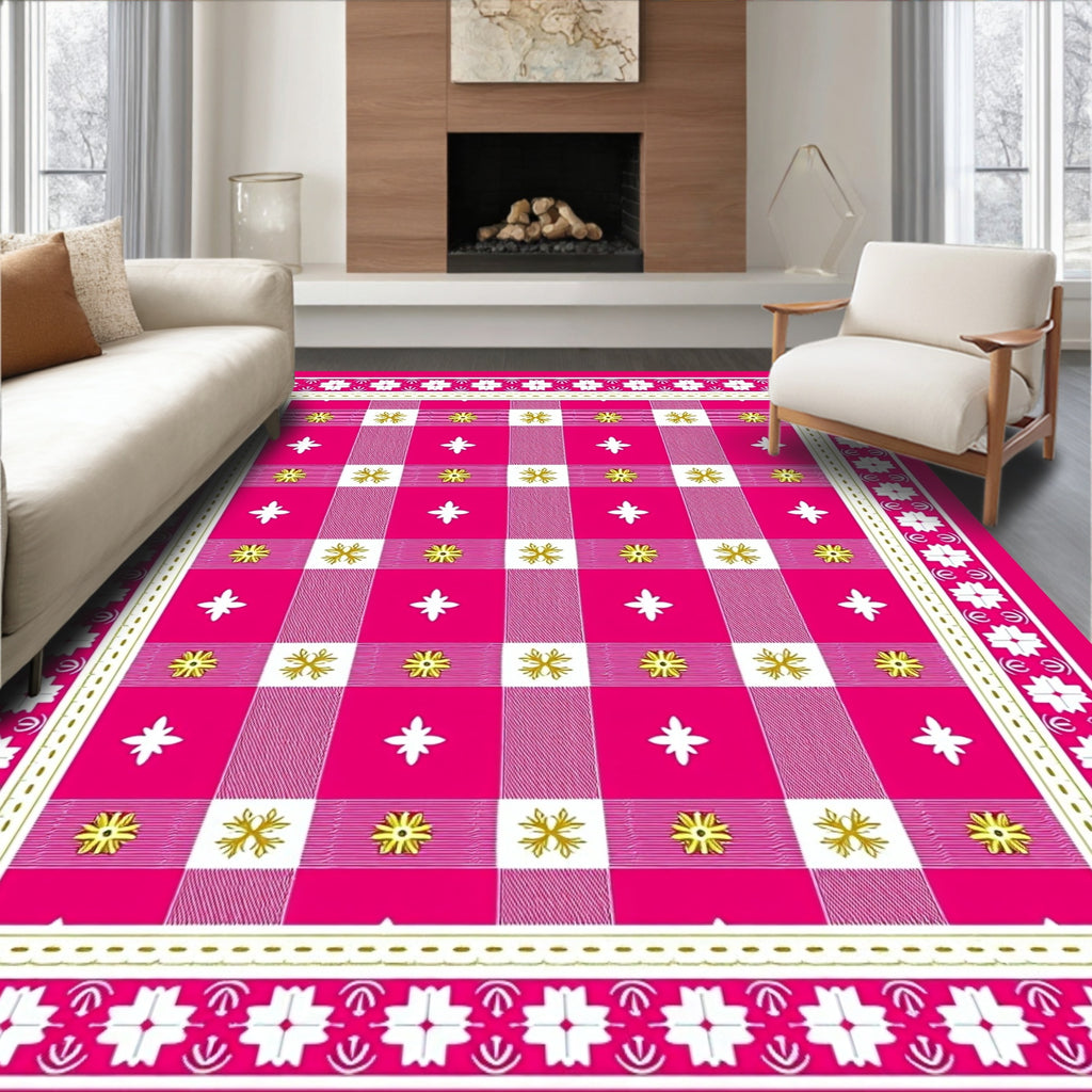 Vibrant Pink Gingham Floral Overlay Rug
