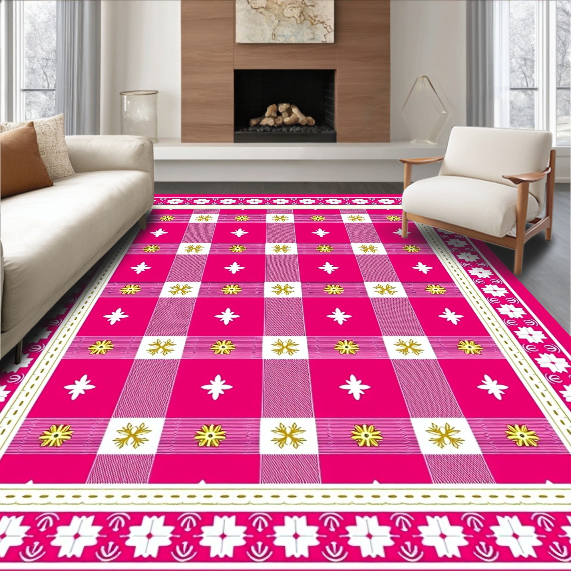 Vibrant Pink Gingham Floral Overlay Rug