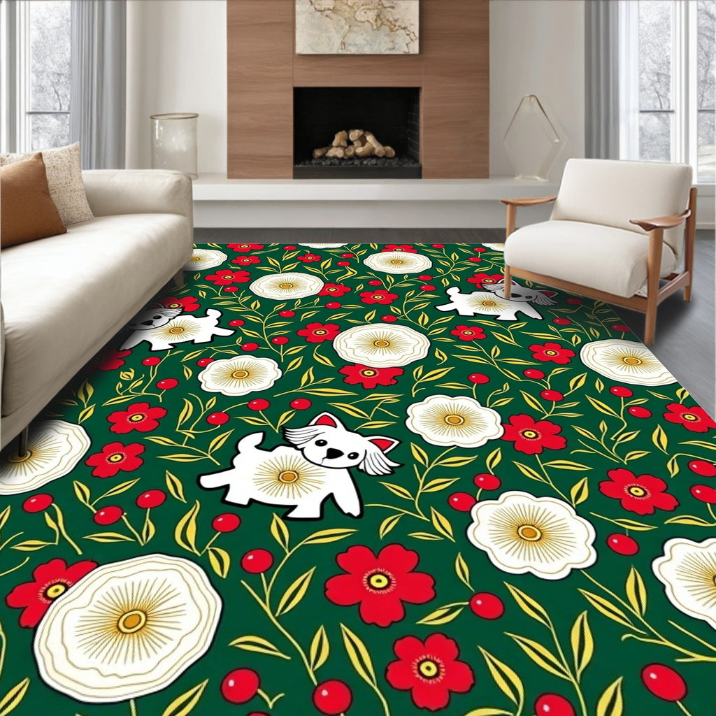 Whimsical White Dog Red Floral Garden Rug
