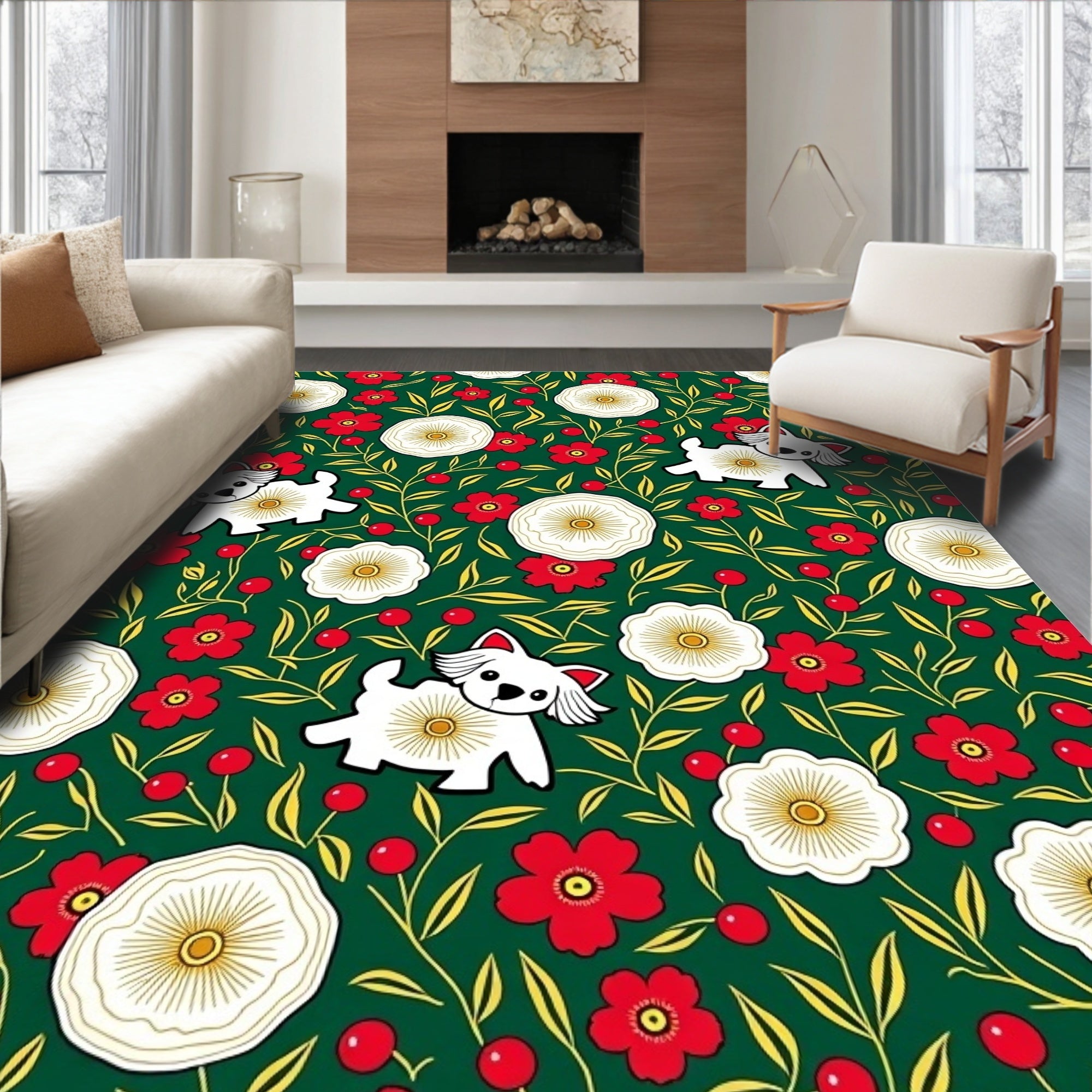 Whimsical White Dog Red Floral Garden Rug