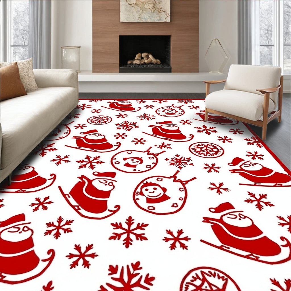 Red Santa Sleigh Snowflakes Ornaments Rug