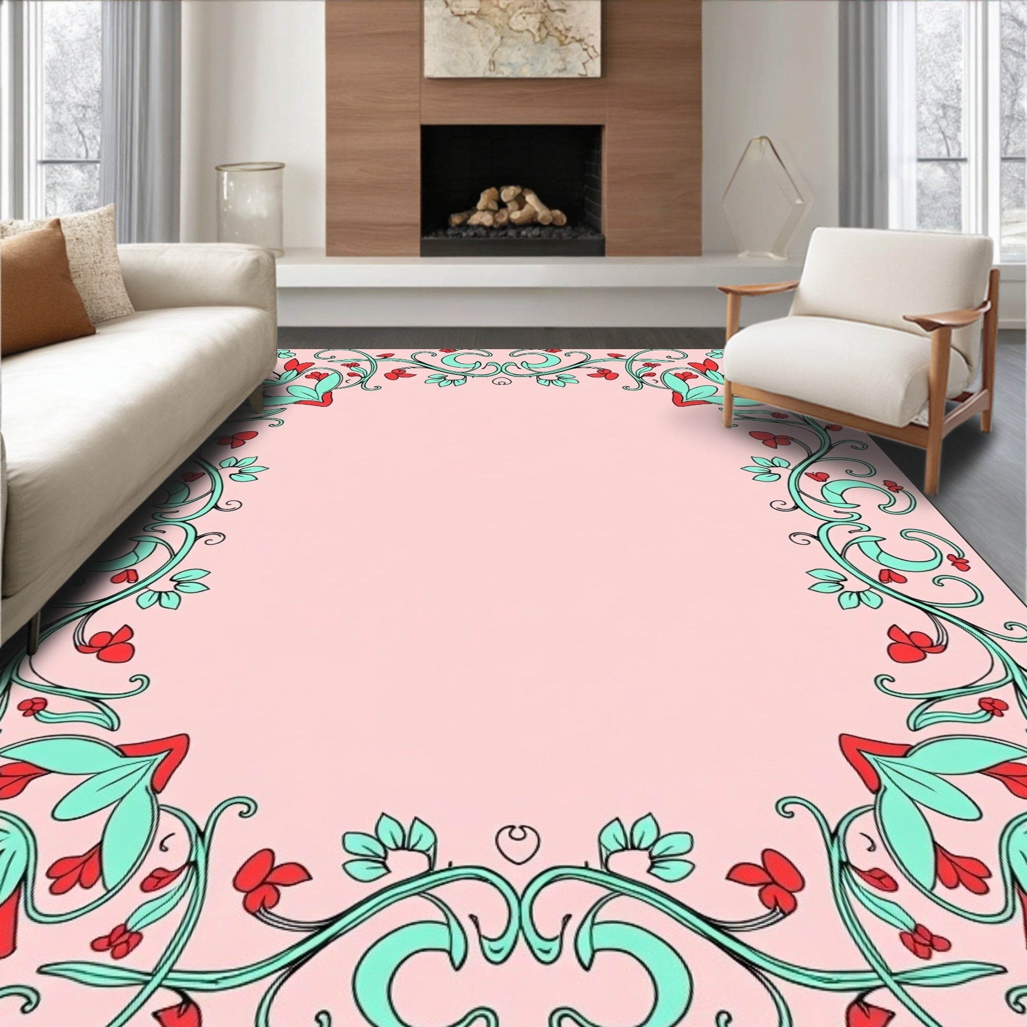 Coral Blue Floral Vine Border Rug
