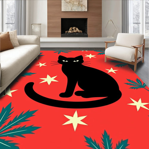 Black Cat Surrounded by Stars and Leaves Rug