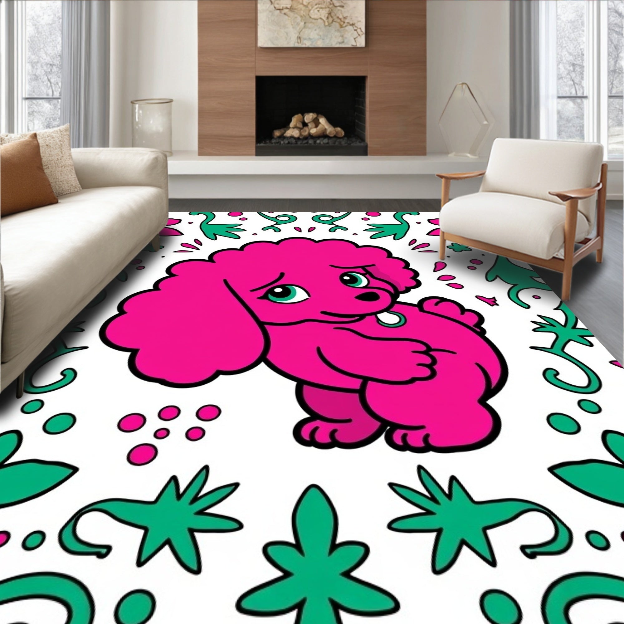 Pink Poodle with Green Floral Border Rug