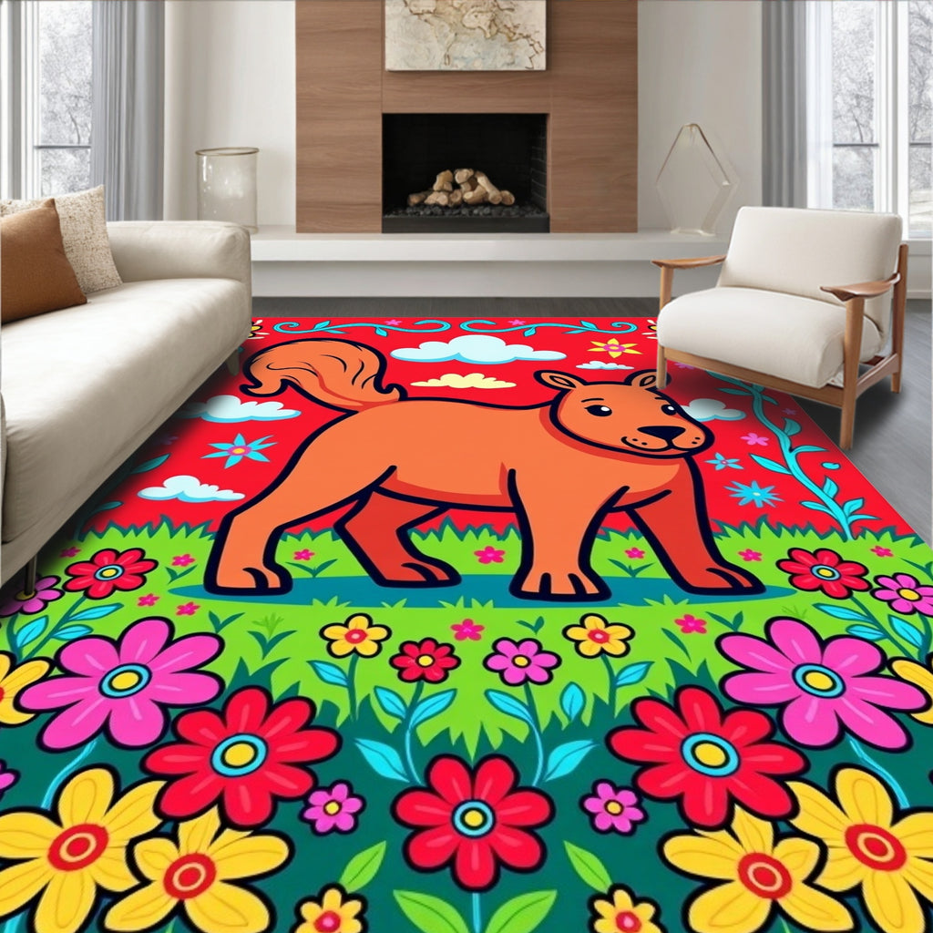 Whimsical Orange Squirrel Meadow Blooms Rug