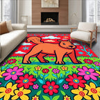 Whimsical Orange Squirrel Meadow Blooms Rug