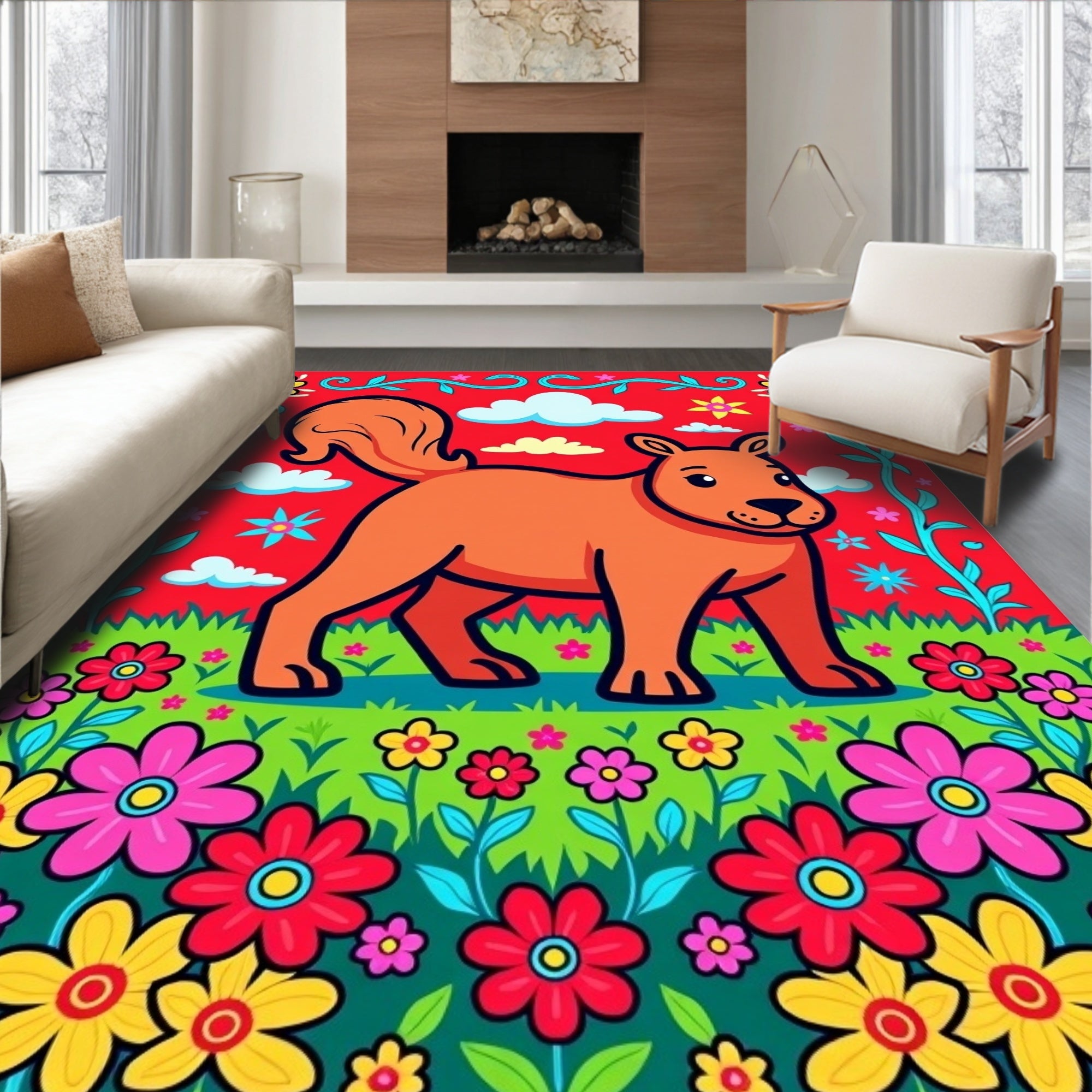 Whimsical Orange Squirrel Meadow Blooms Rug