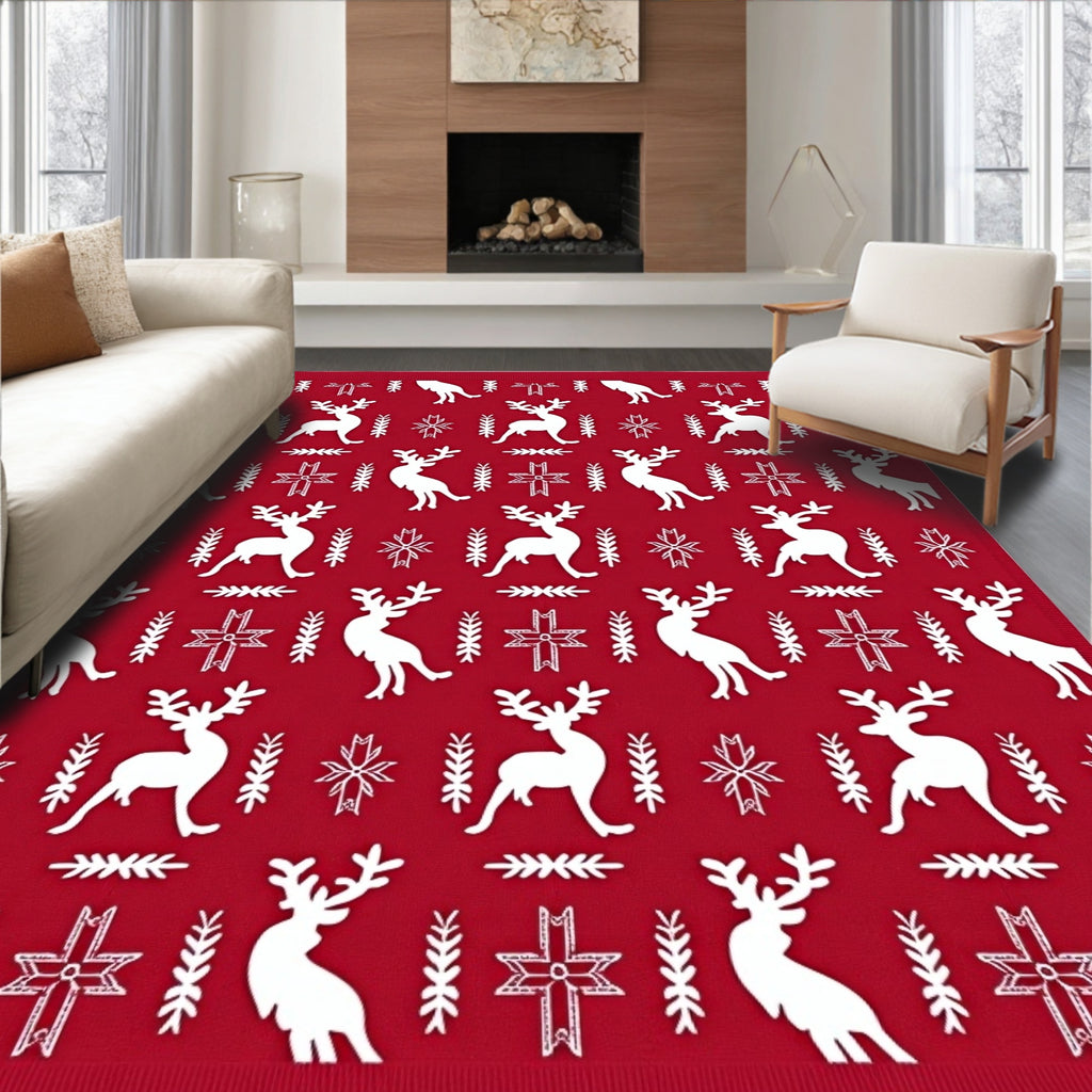 Classic Red Reindeer Snowflake Medley Rug