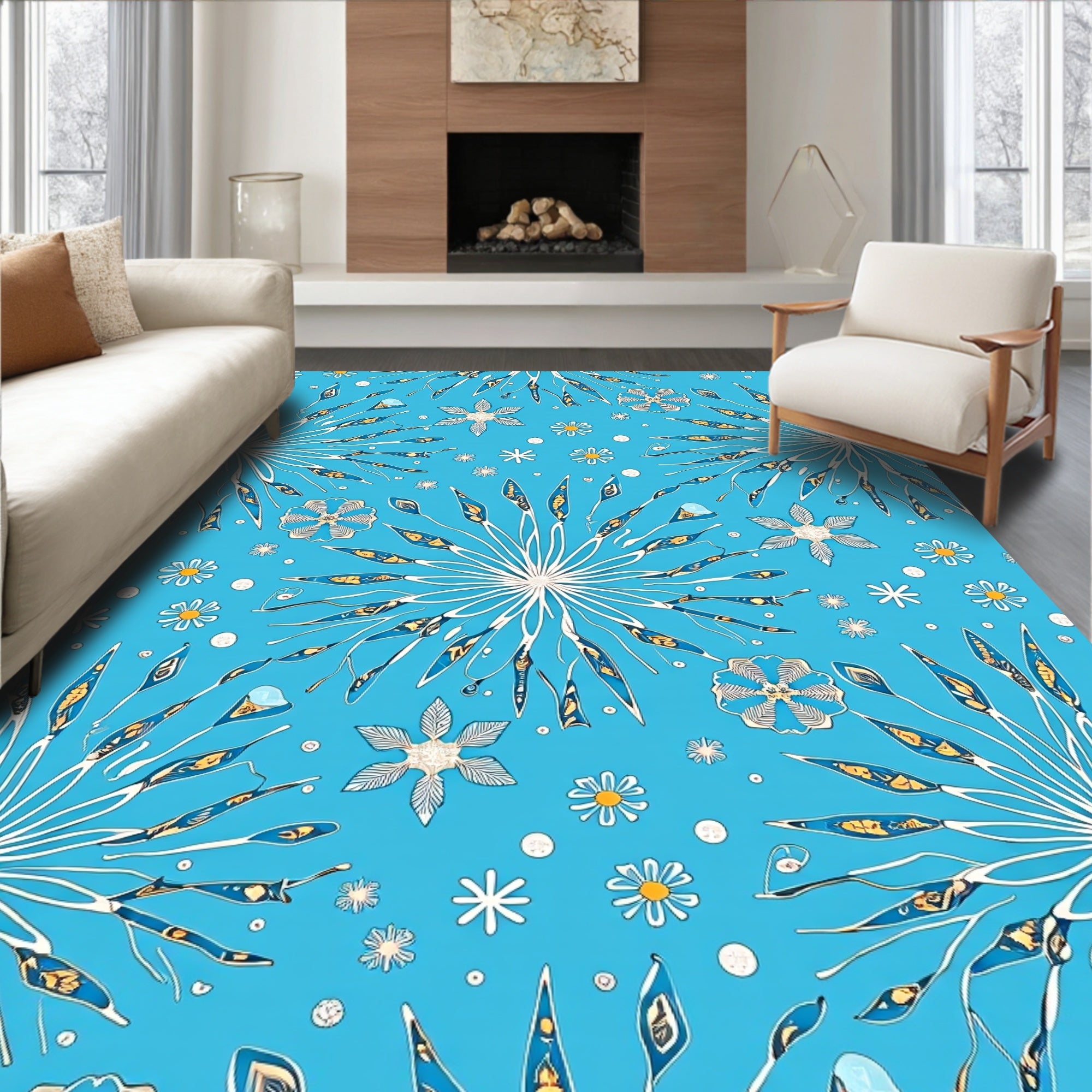 Bright Blue Stellar Burst Flower Rug