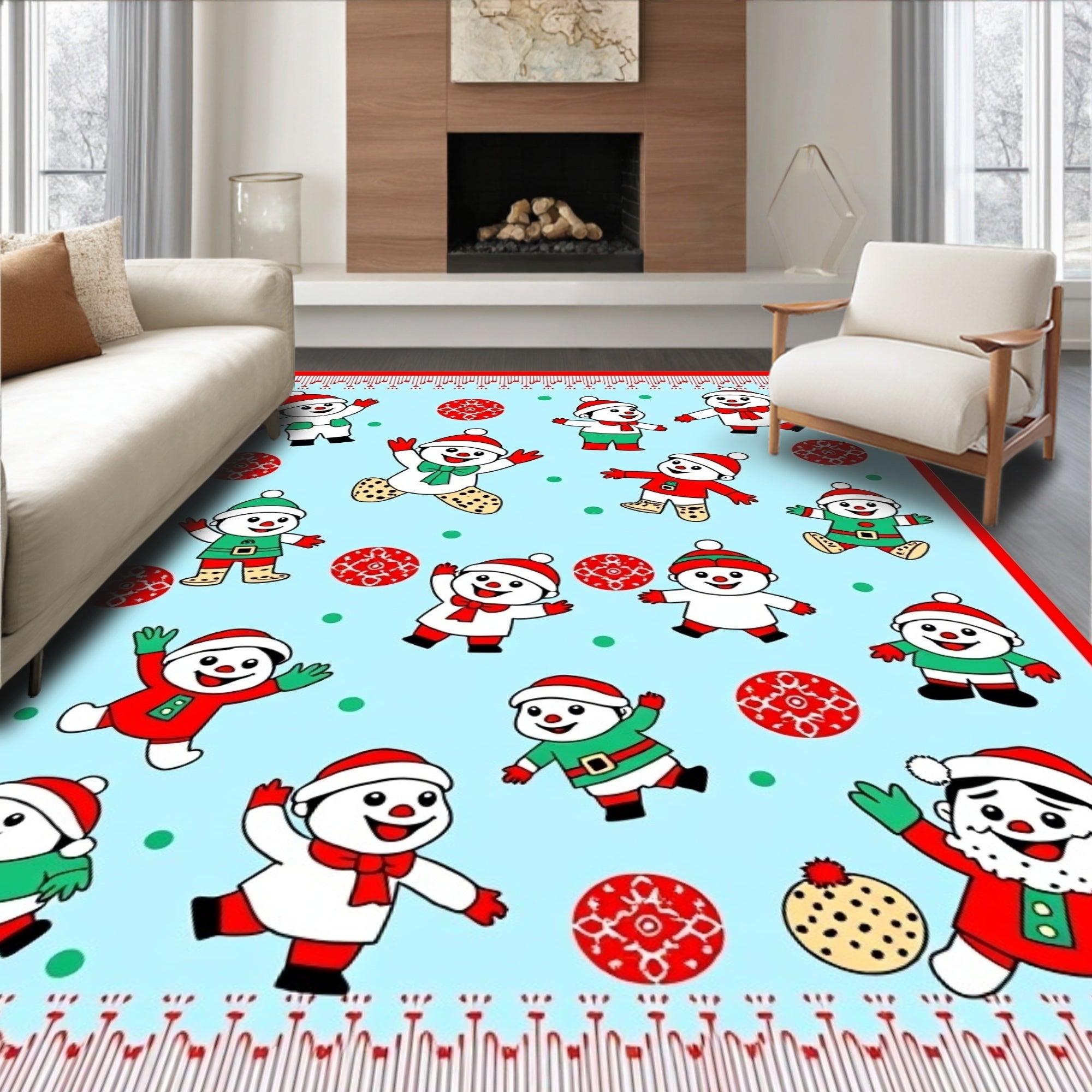 Festive Snowmen Red Green Light Blue Rug